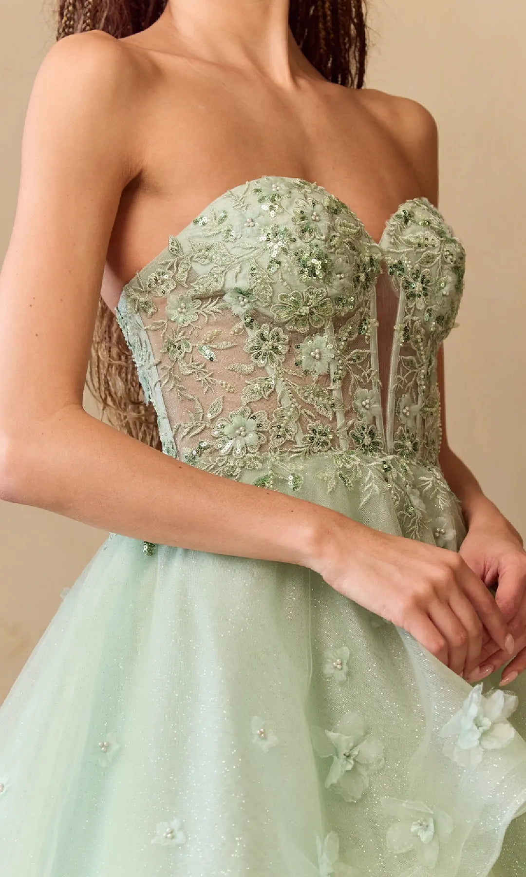 Chic A-Line Sweetheart Sleeveless Tiered Floral Mint Long Prom Dresses Women