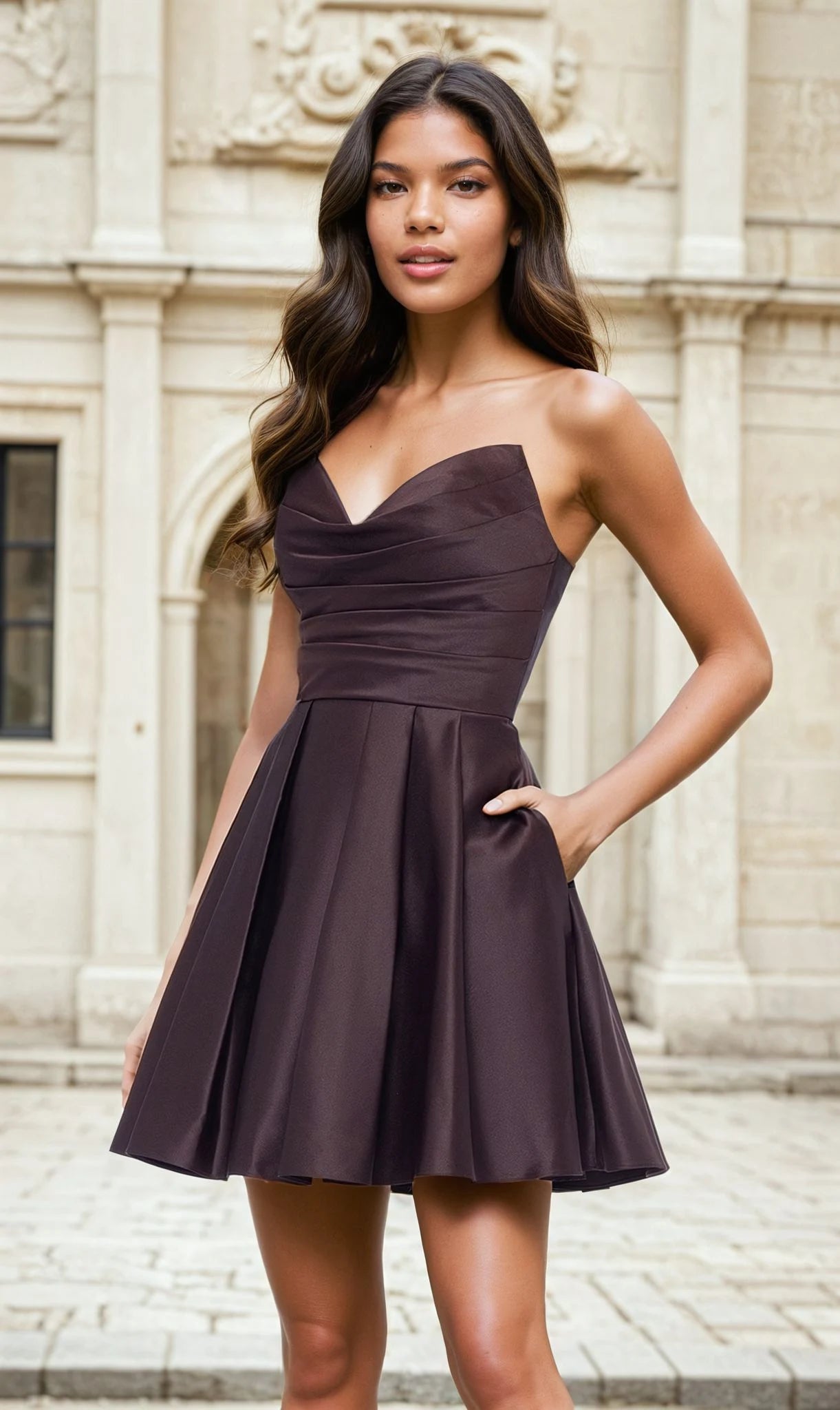 Chic A-Line Sweetheart Strapless Draped Espresso Mini Homecoming Dresses