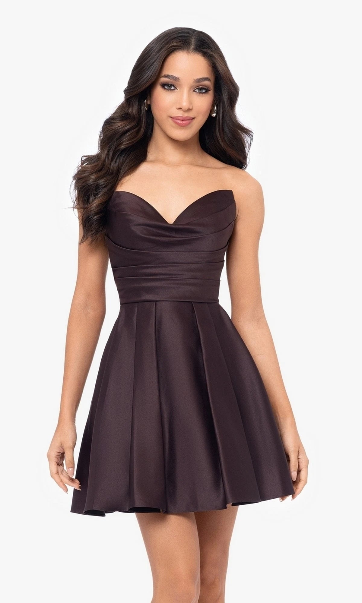 Chic A-Line Sweetheart Strapless Draped Espresso Mini Homecoming Dresses