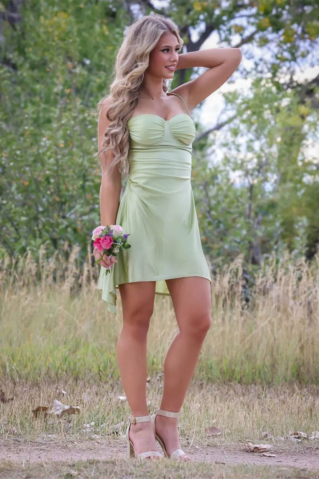 Chic A-Line Sweetheart Strappy Ruched Sage Short Homecoming Dress for Women