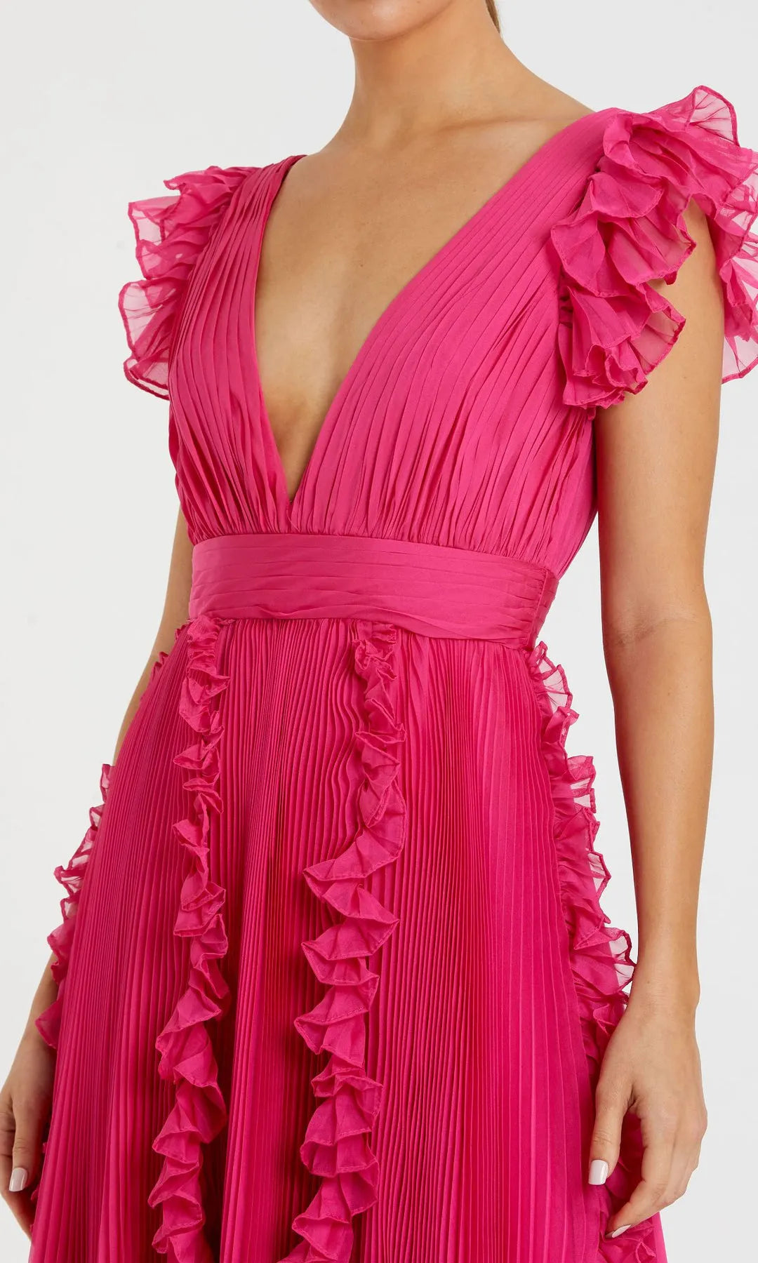 Chic A-Line V-Neck Cap-Sleeve Pleated Ruffled Fuchsia Maxi Prom Dresses Gown