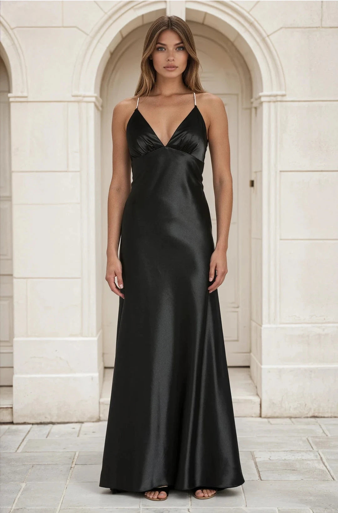 Chic A-Line V-Neck Sleeveless Backless Sparkling Black Maxi Prom Dresses Women