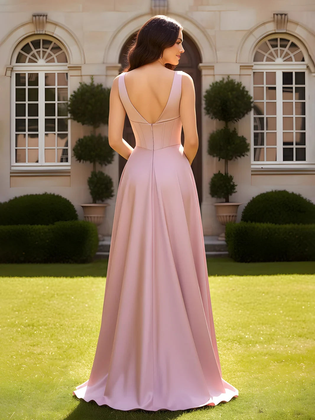 Chic A-Line V-Neck Sleeveless Corset Dusty Rose Floor-Length Prom Gown