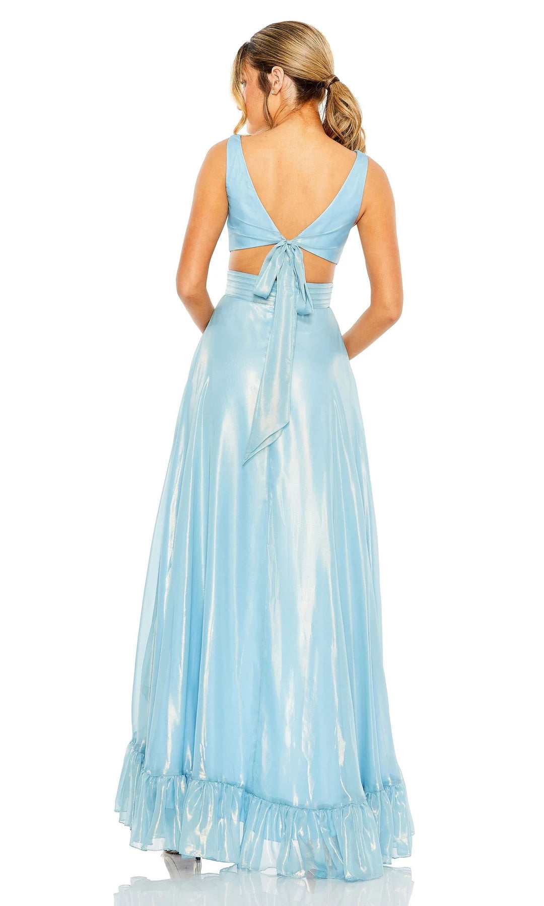 Chic A-Line V-Neck Sleeveless Cutout Ruffled Blue High-Low Prom Dresses Women Gown