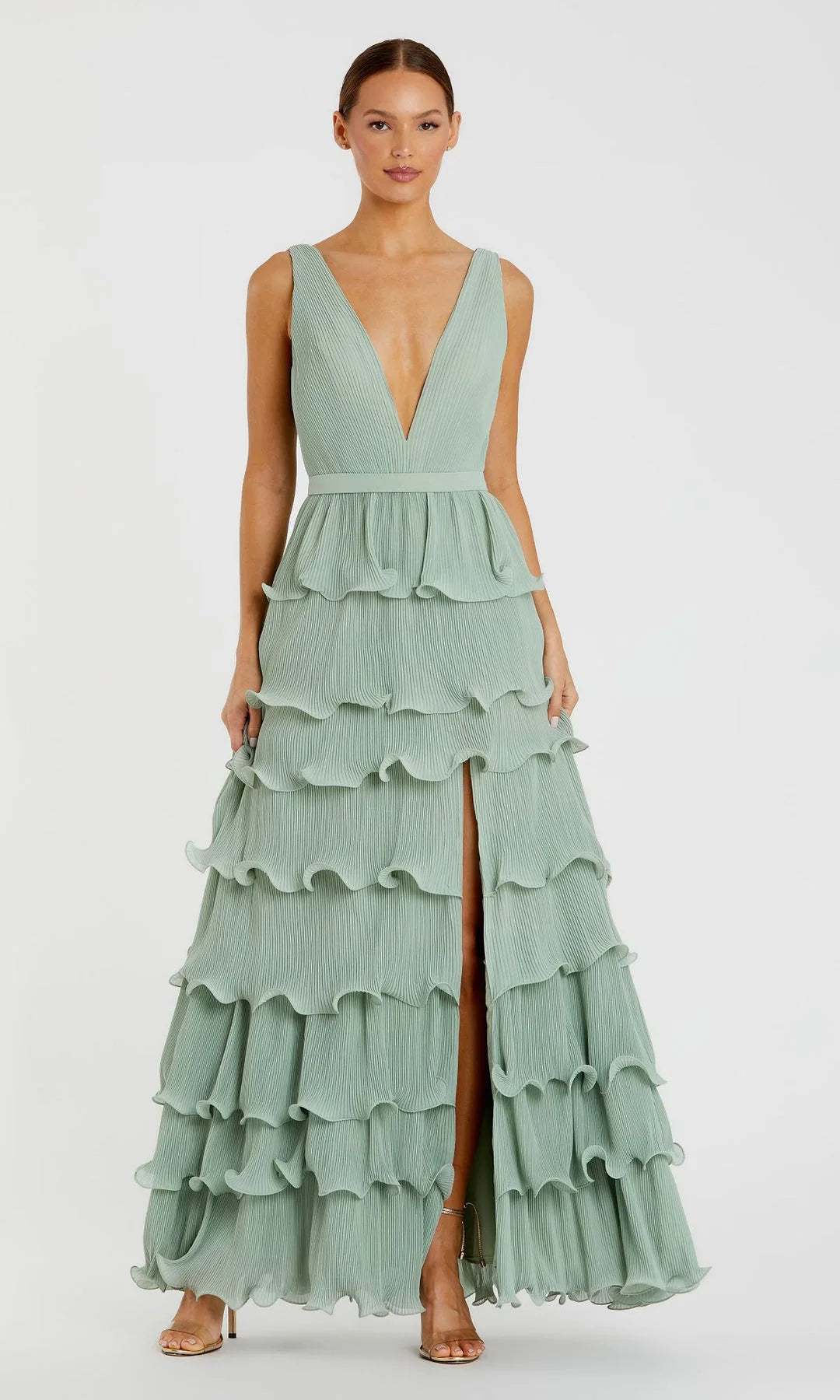 Chic A-Line V-Neck Sleeveless Pleated-Tiered Sage Maxi Prom Dresses Women Gown