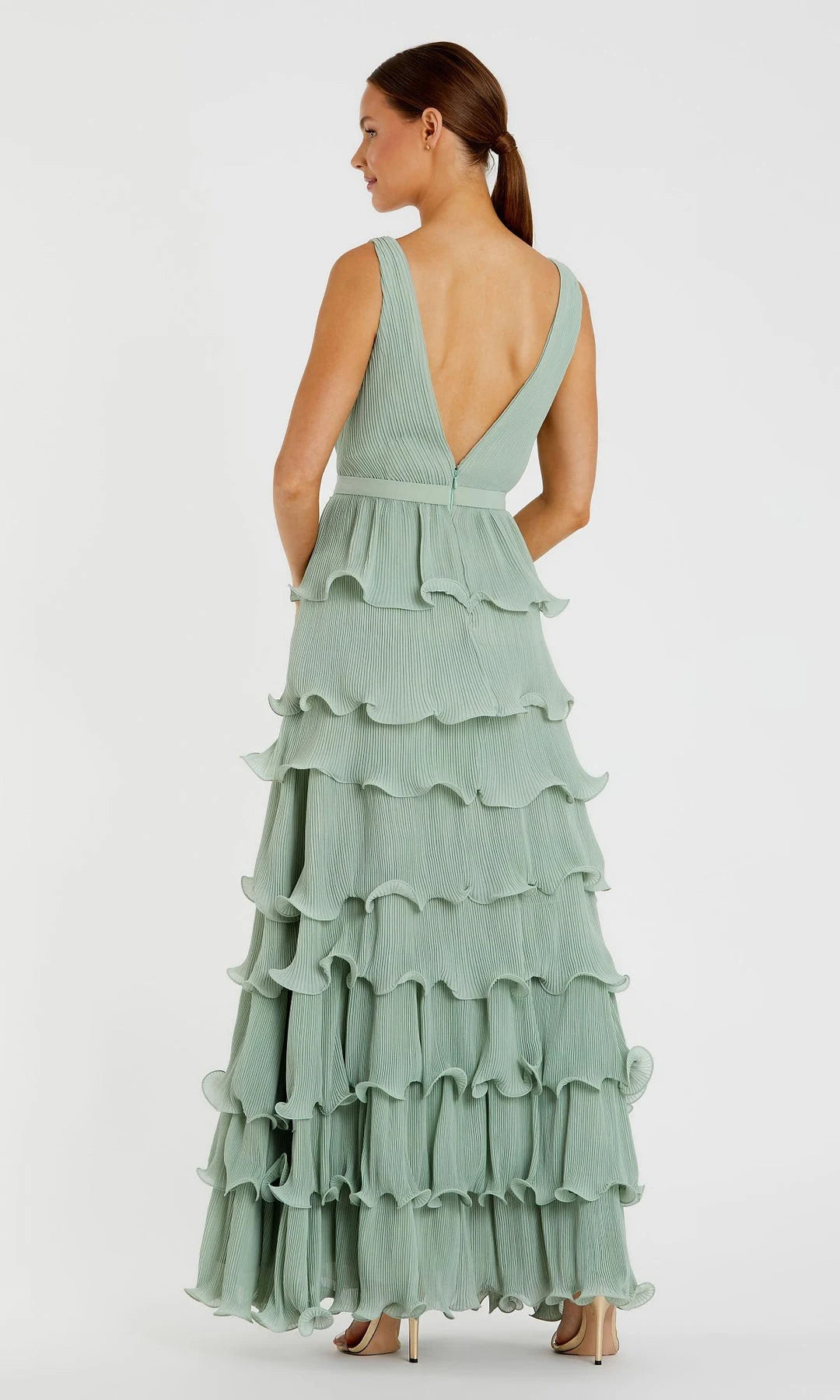 Chic A-Line V-Neck Sleeveless Pleated-Tiered Sage Maxi Prom Dresses Women Gown