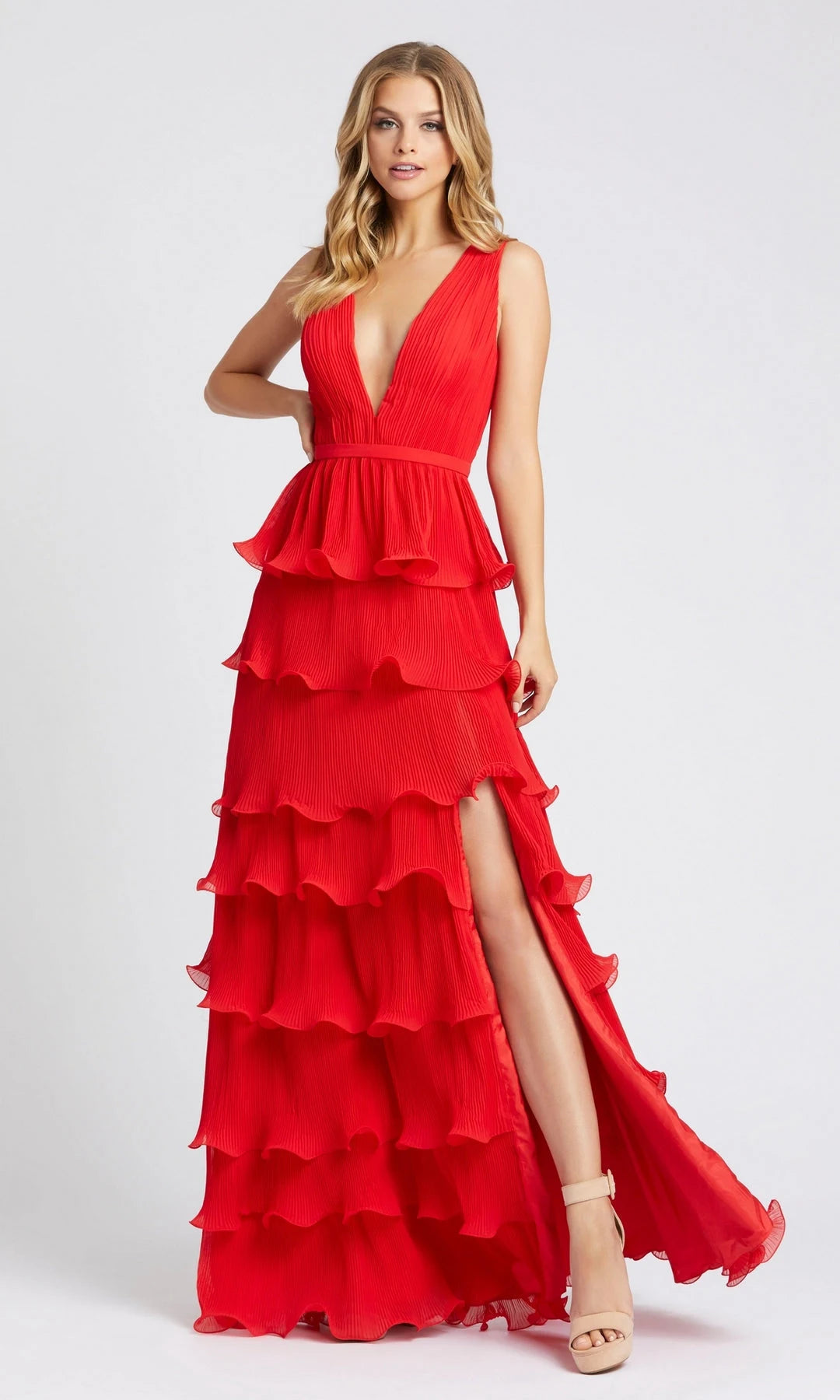 Chic A-Line V-Neck Sleeveless Tiered Ruffle Red Maxi Prom Dresses Women