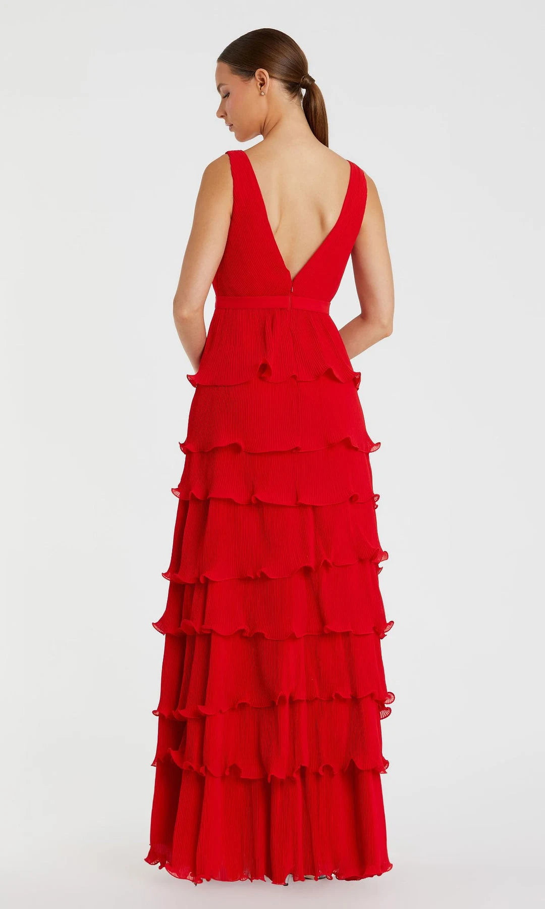 Chic A-Line V-Neck Sleeveless Tiered Ruffle Red Maxi Prom Dresses Women