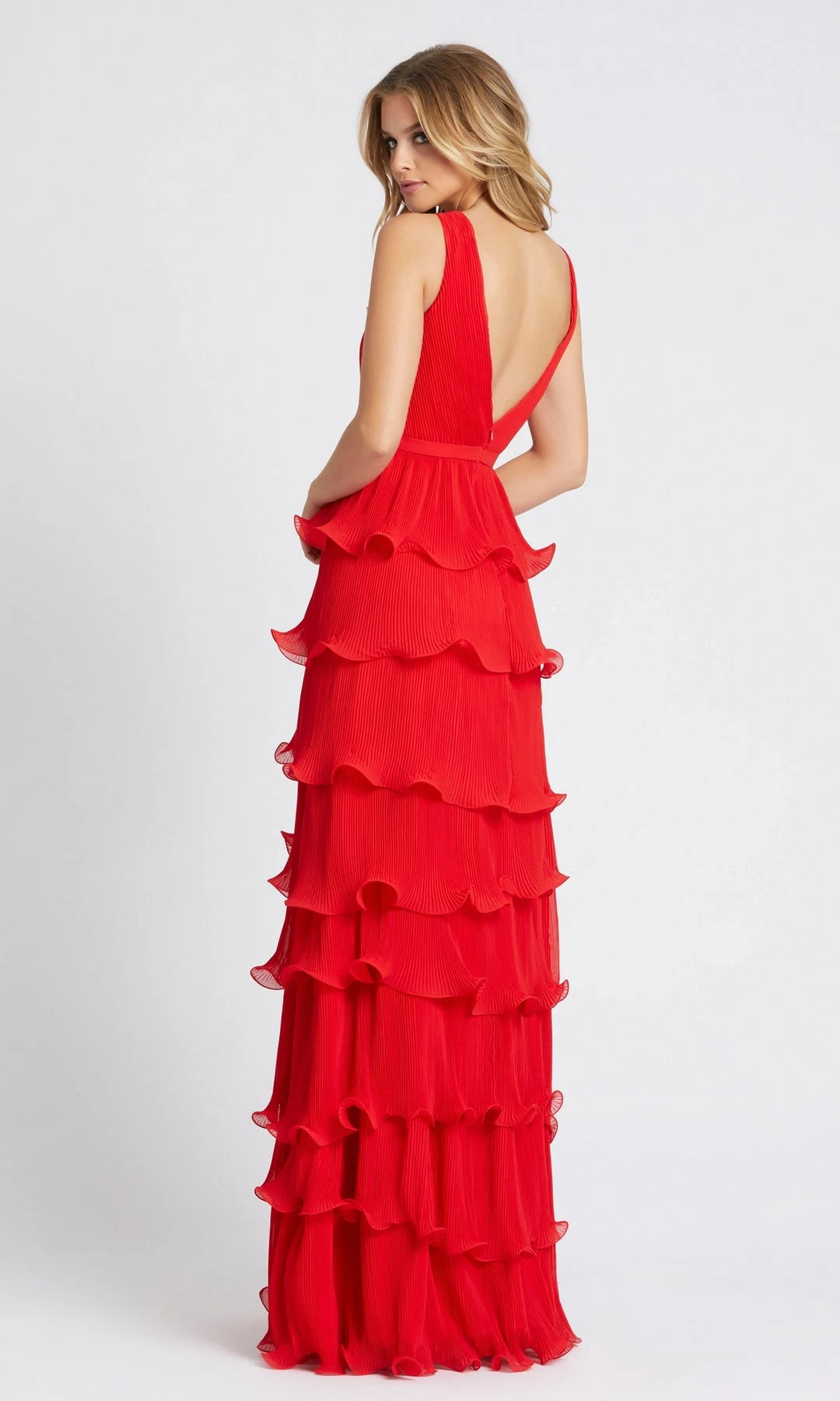 Chic A-Line V-Neck Sleeveless Tiered Ruffle Red Maxi Prom Dresses Women