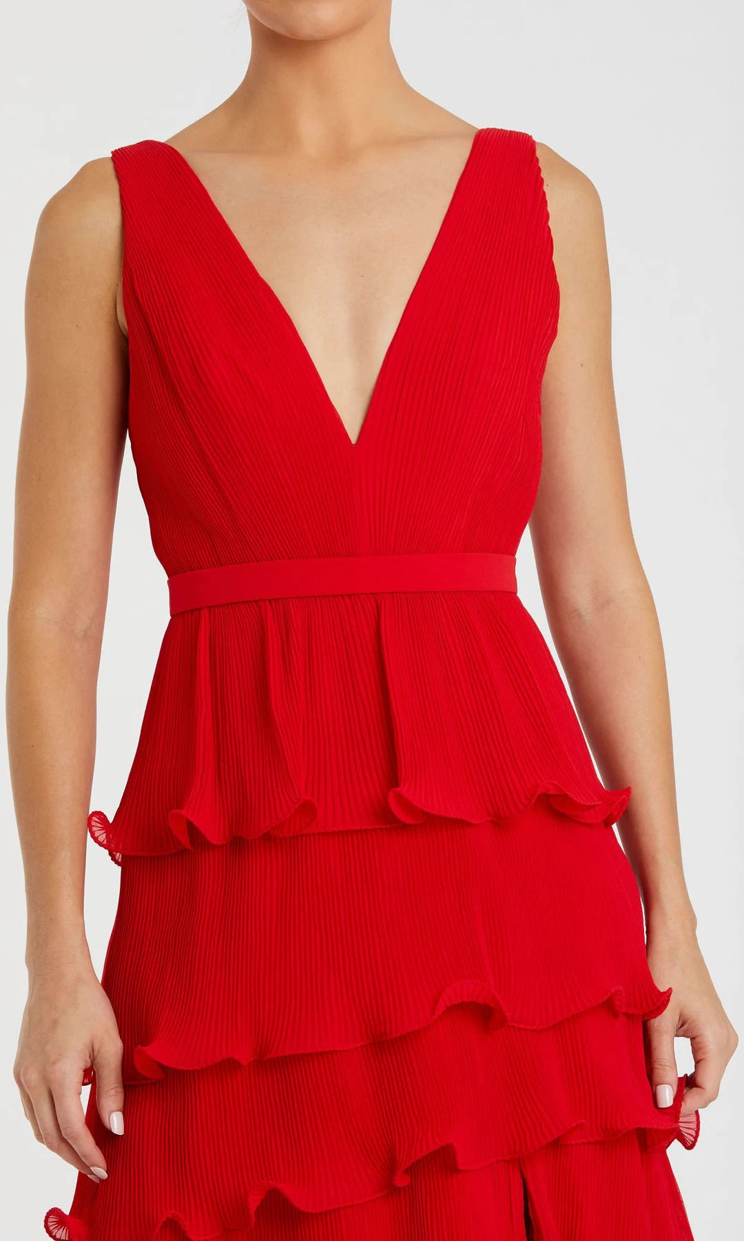 Chic A-Line V-Neck Sleeveless Tiered Ruffle Red Maxi Prom Dresses Women