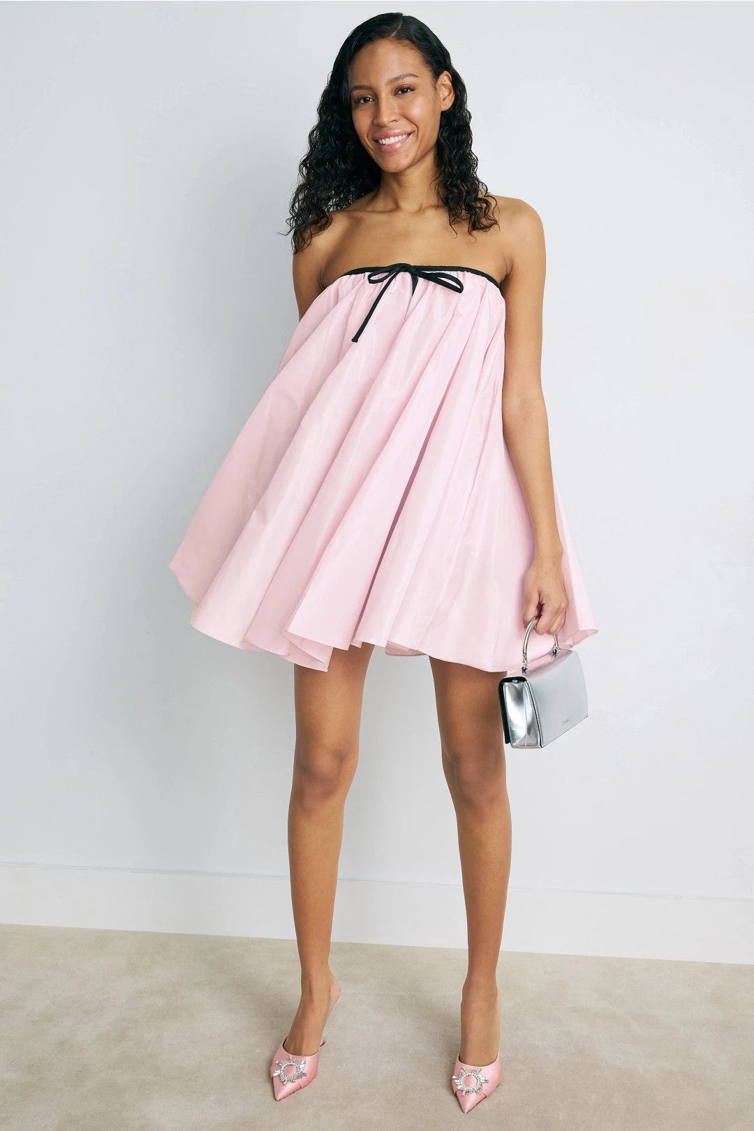 Chic Babydoll Strapless Sleeveless Bow-Accent Baby Pink Mini Homecoming Party Dress