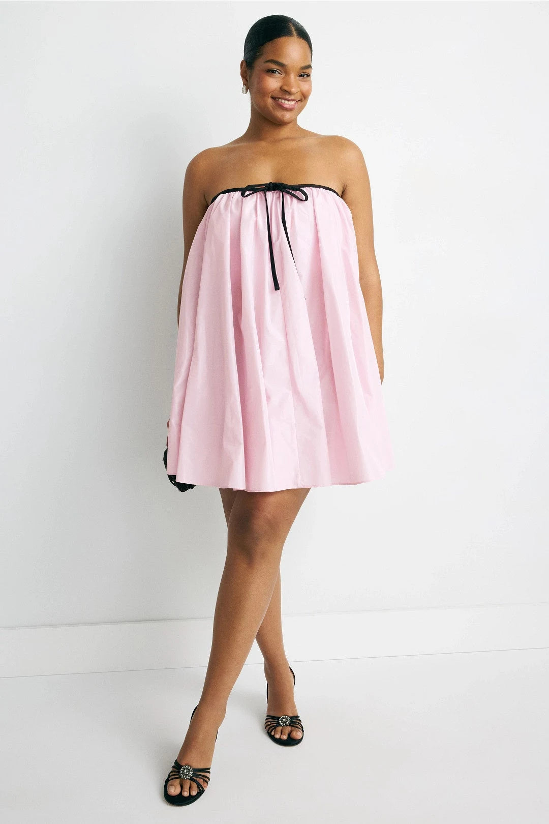 Chic Babydoll Strapless Sleeveless Bow-Accent Baby Pink Mini Homecoming Party Dress