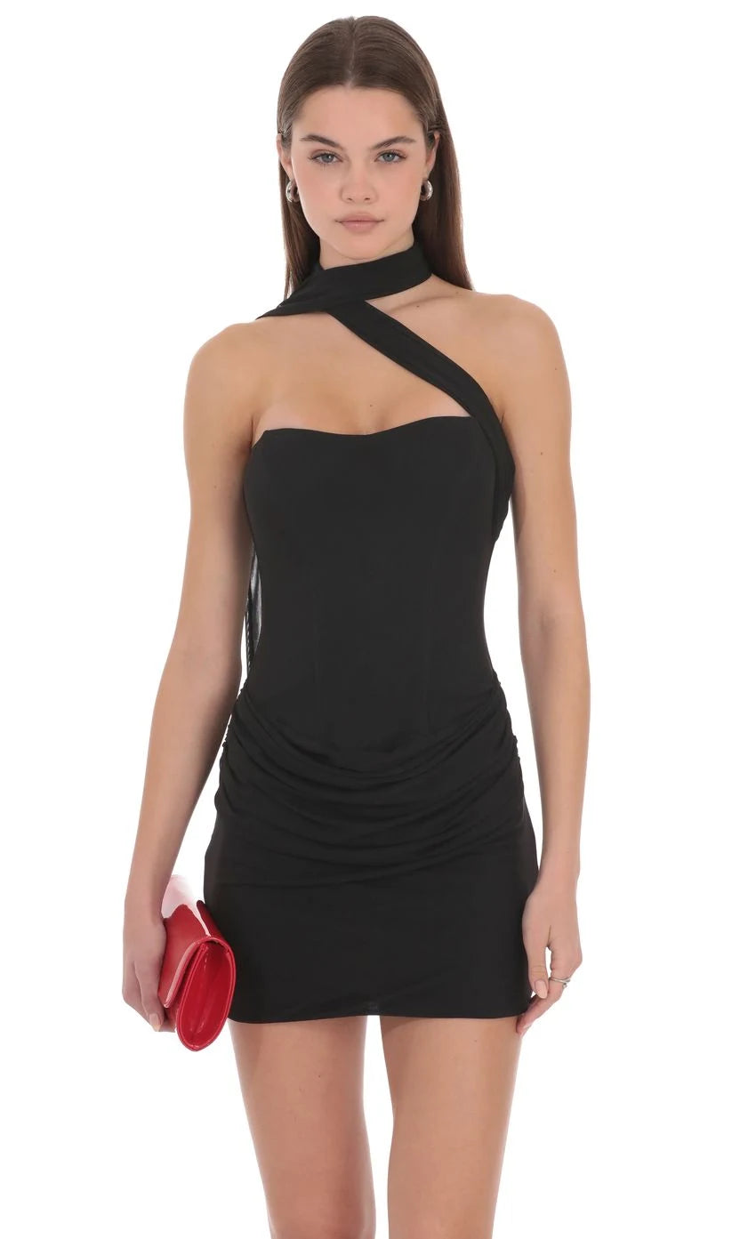 Chic Bodycon Asymmetrical Halter Ruched Black Mini Homecoming Dress