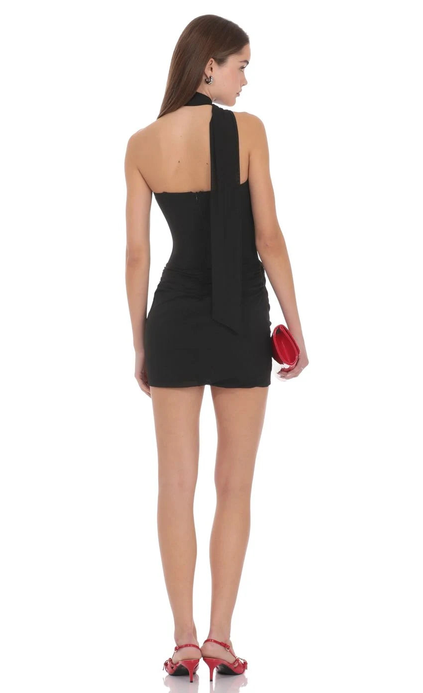 Chic Bodycon Asymmetrical Halter Ruched Black Mini Homecoming Dress