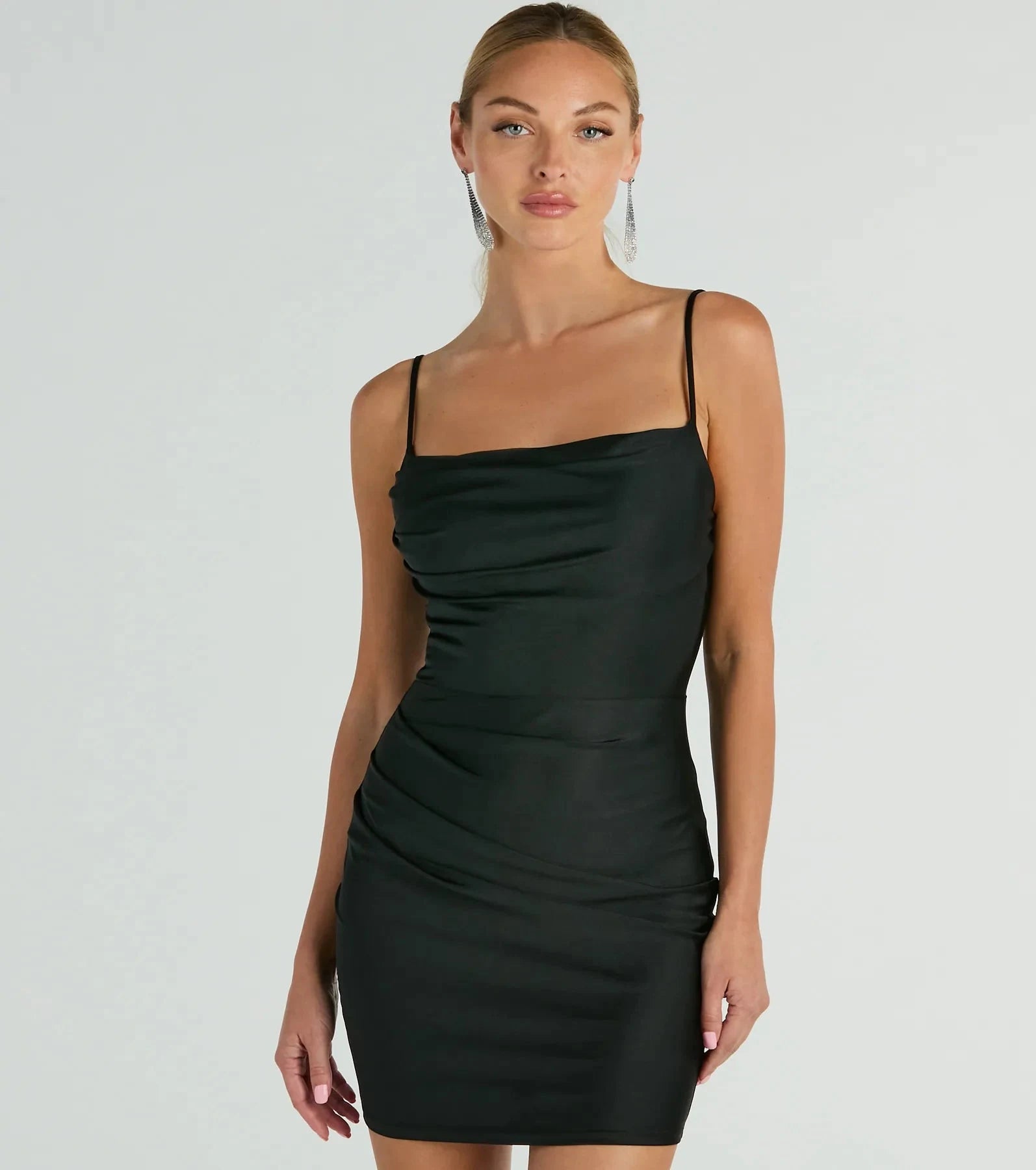 Chic Bodycon Cowl Neck Sleeveless Ruched Navy Blue Mini Homecoming Dress Women