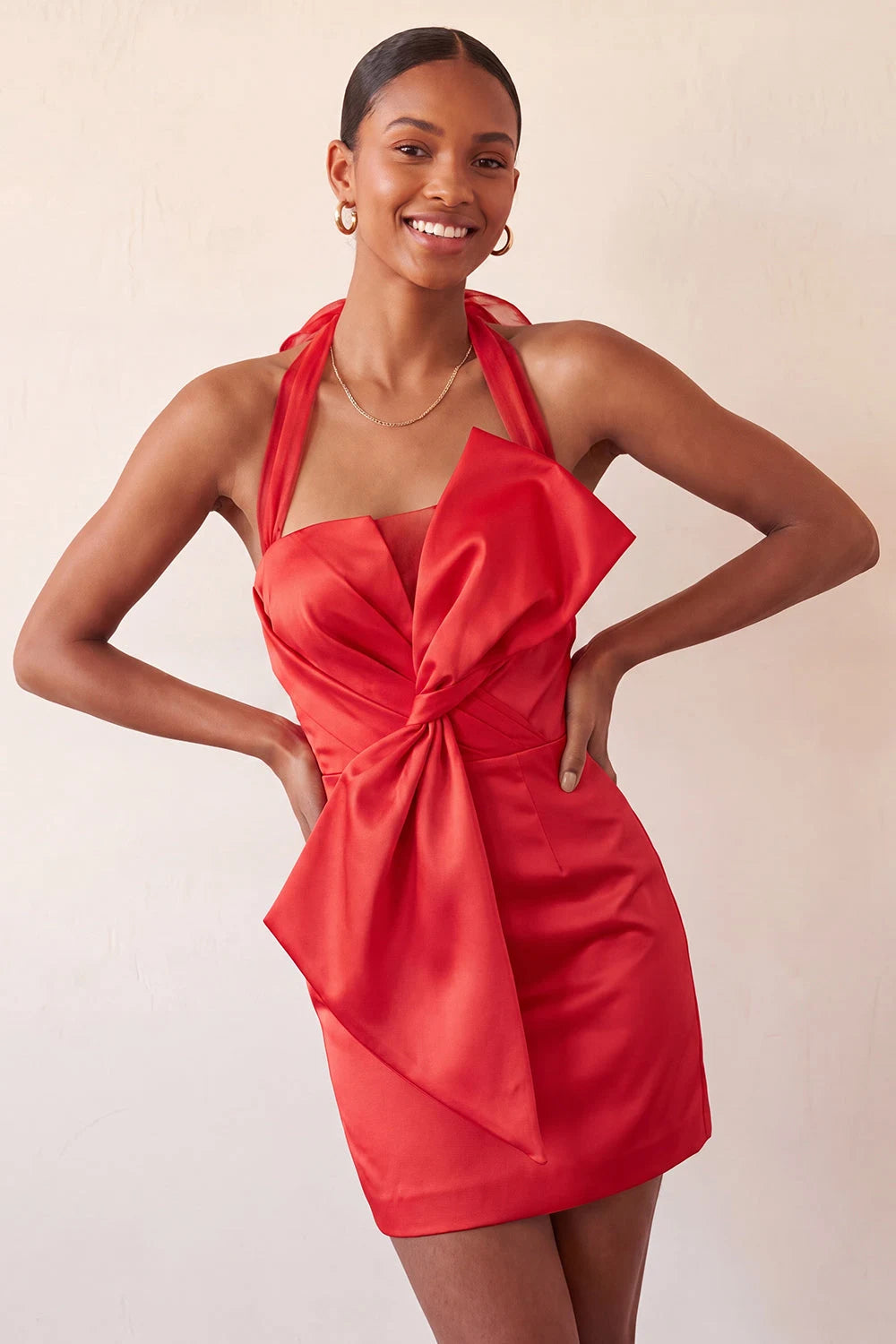 Chic Bodycon Halter Sleeveless Bow-Accent Corset Red Mini Homecoming Dress
