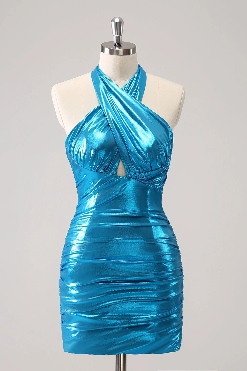 Chic Bodycon Halter Sleeveless Shimmering Ruched Teal Mini Homecoming Dress