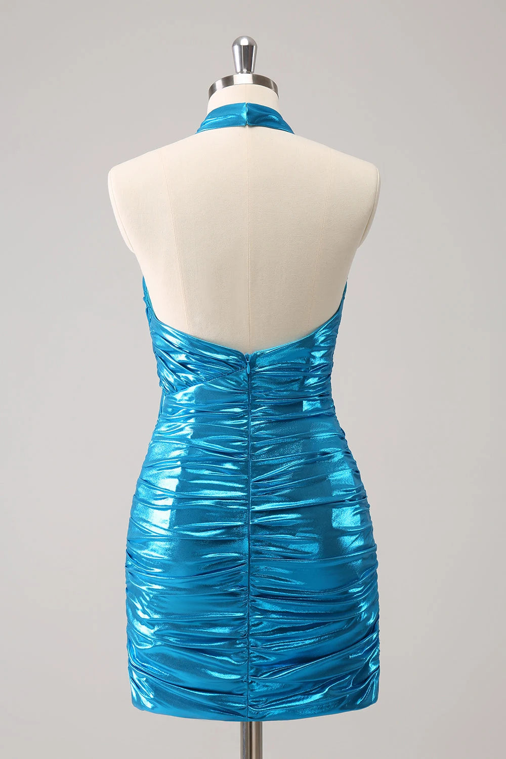 Chic Bodycon Halter Sleeveless Shimmering Ruched Teal Mini Homecoming Dress