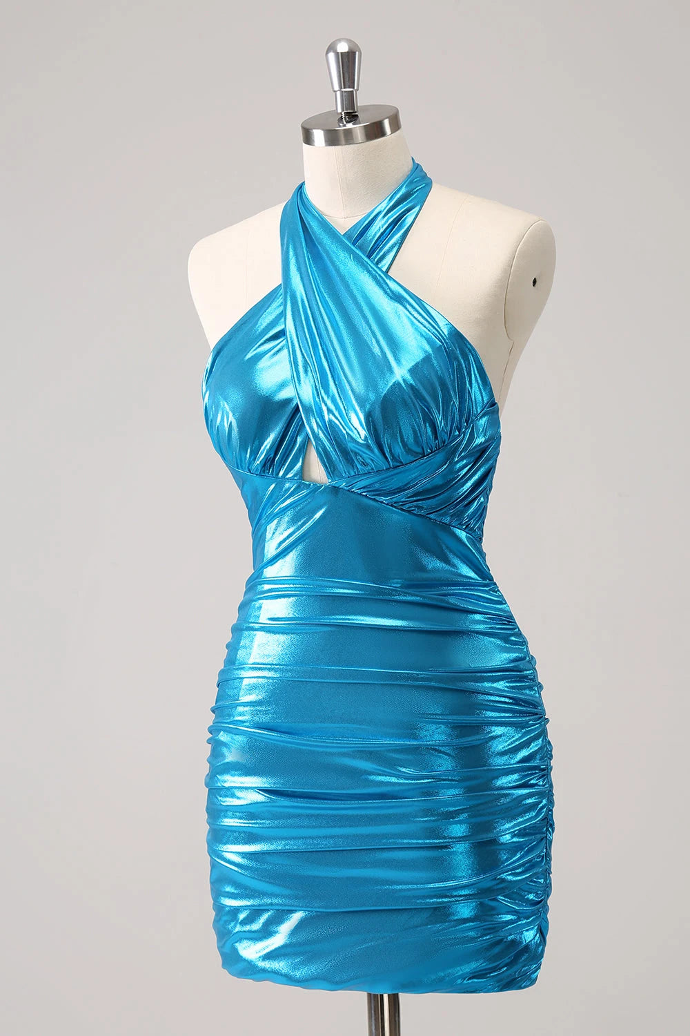 Chic Bodycon Halter Sleeveless Shimmering Ruched Teal Mini Homecoming Dress