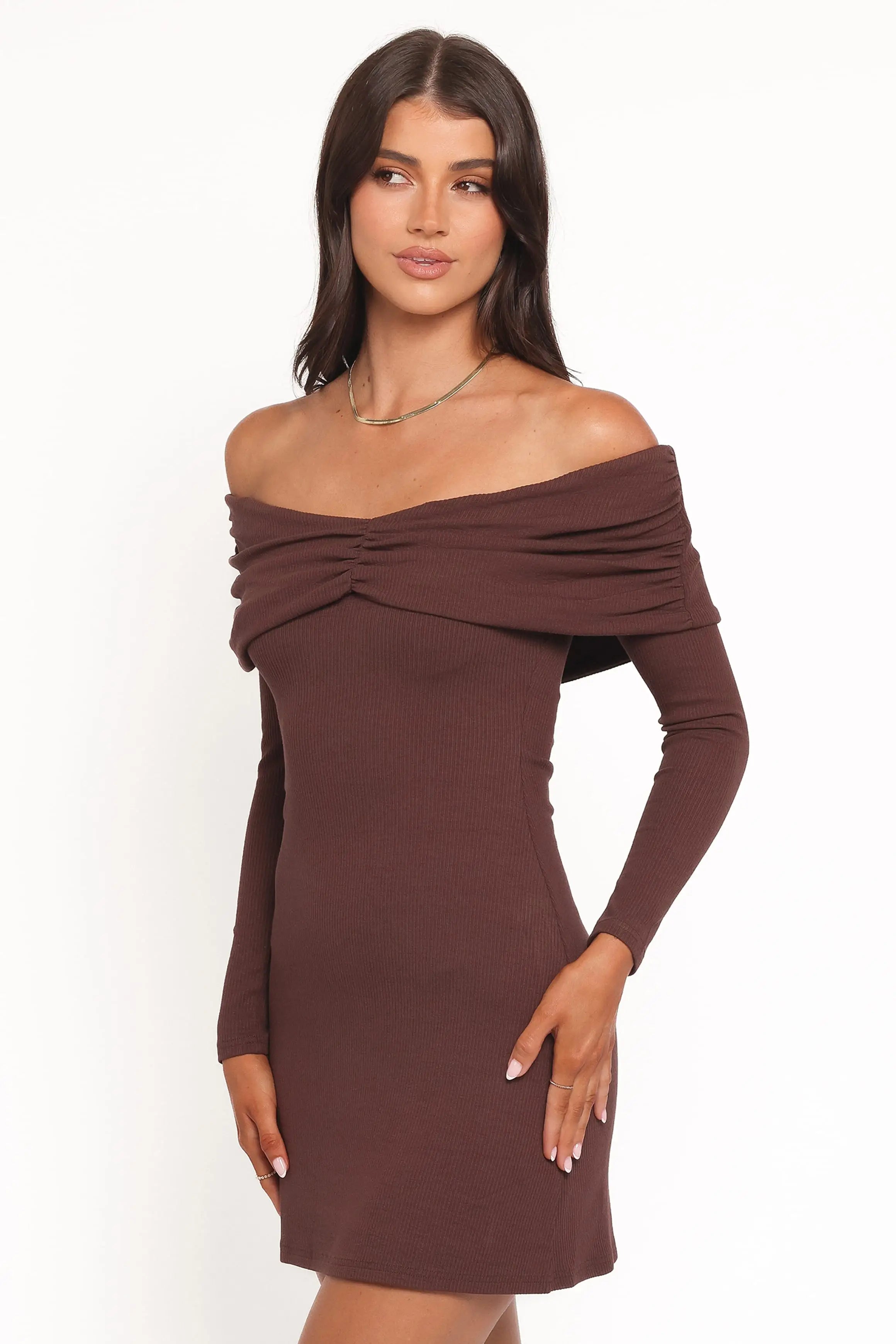 Chic Bodycon Off-Shoulder Long Sleeve Ruched Ribbed Chocolate Mini Homecoming Dress