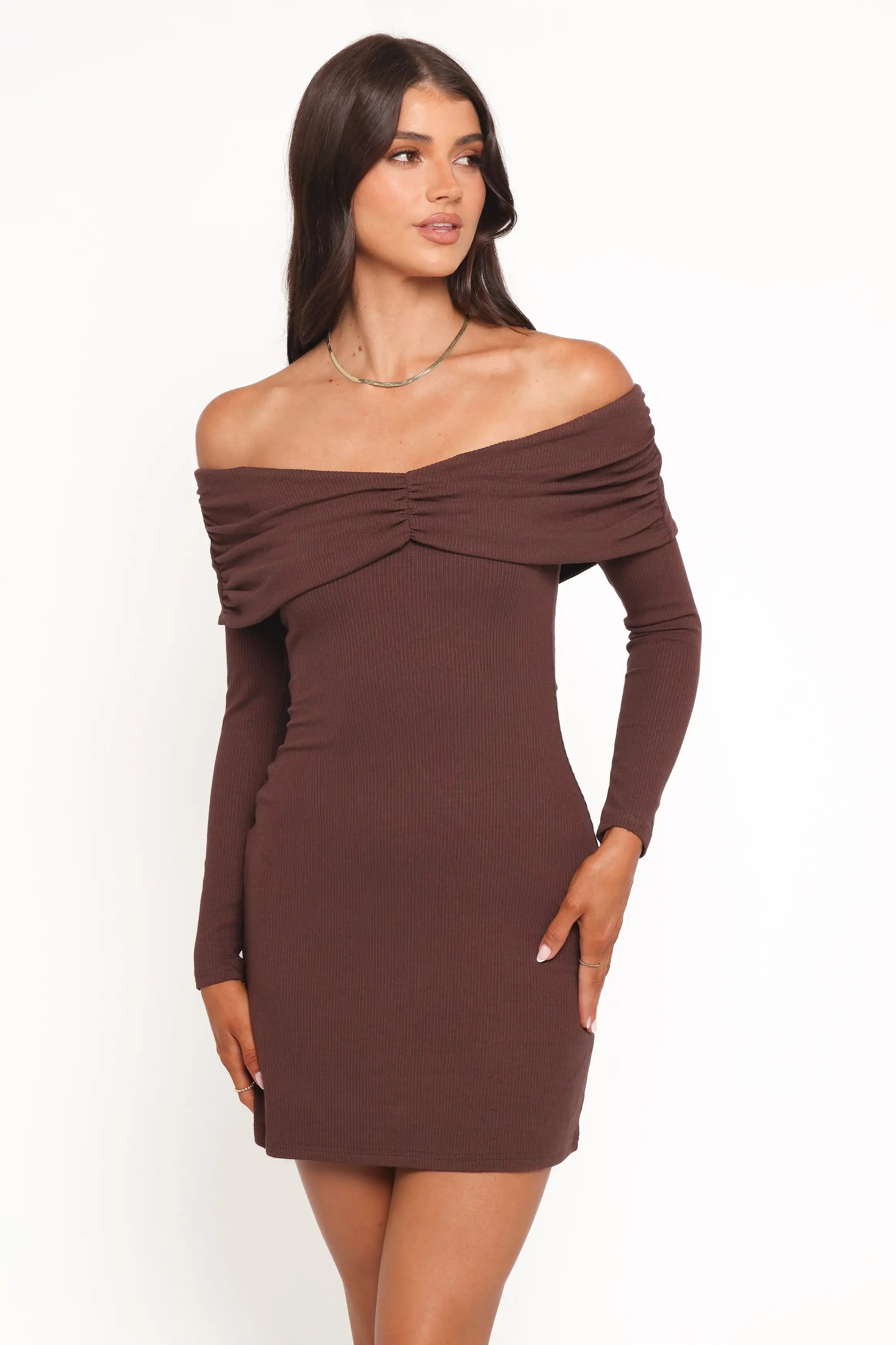 Chic Bodycon Off-Shoulder Long Sleeve Ruched Ribbed Chocolate Mini Homecoming Dress