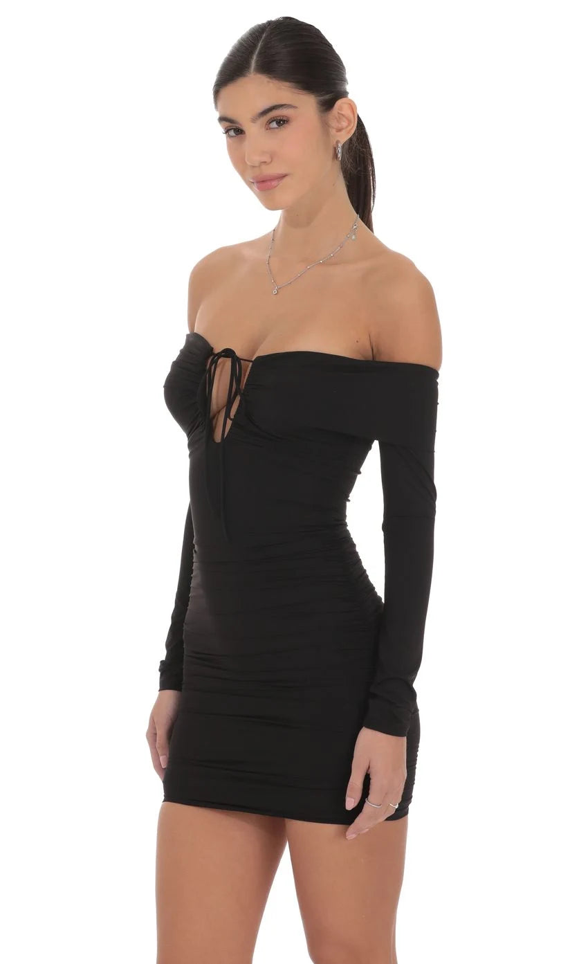 Chic Bodycon Off-Shoulder Long Sleeve Tie-Front Black Mini Homecoming Dress