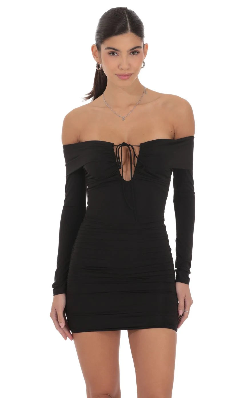 Chic Bodycon Off-Shoulder Long Sleeve Tie-Front Black Mini Homecoming Dress