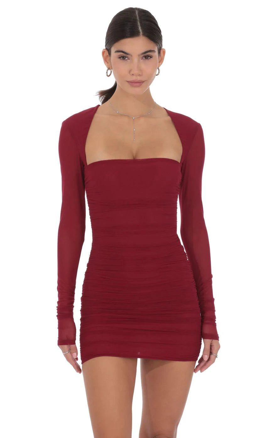 Chic Bodycon Square Neck Long Sleeve Ruched Backless Burgundy Mini Homecoming Dress