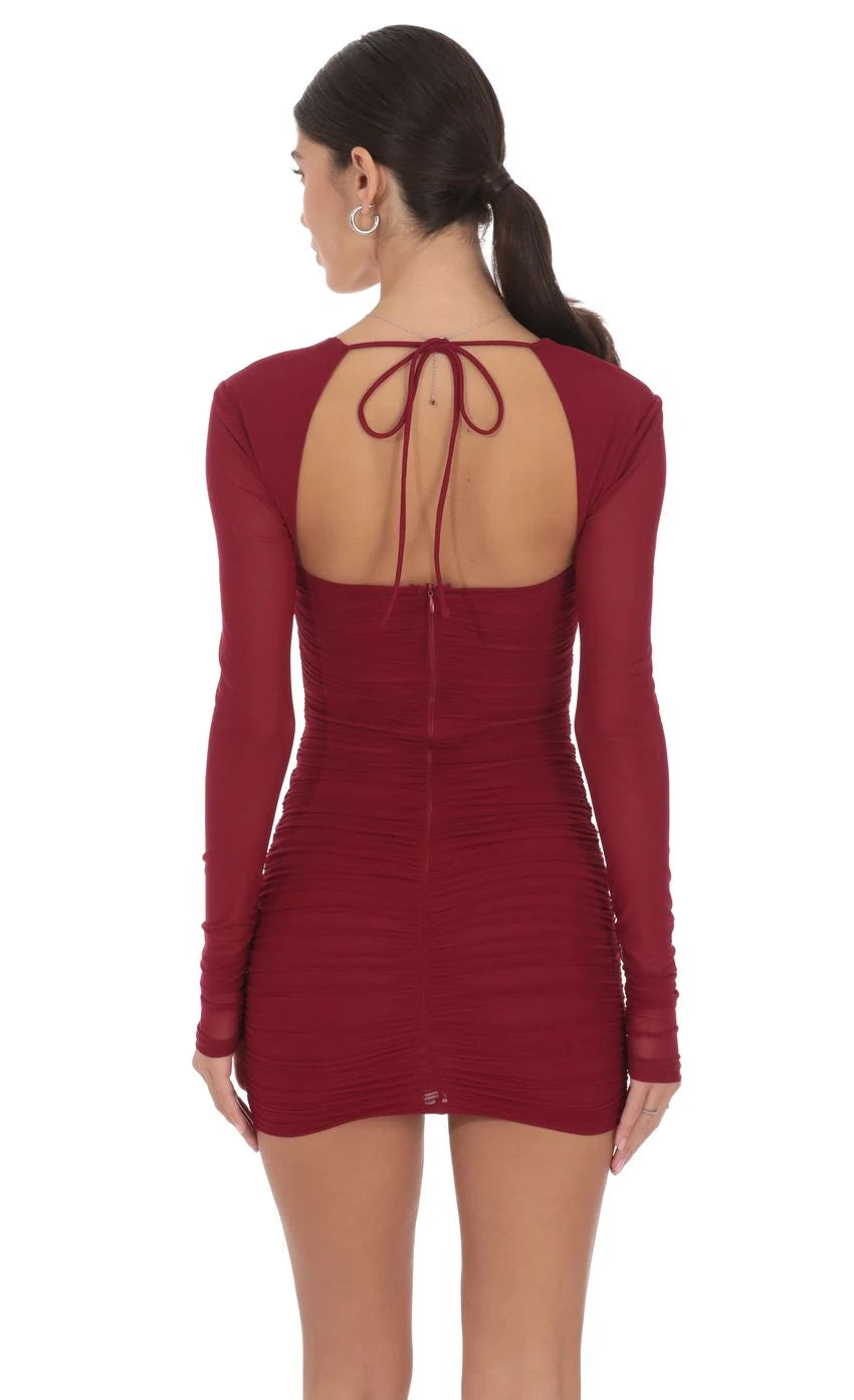 Chic Bodycon Square Neck Long Sleeve Ruched Backless Burgundy Mini Homecoming Dress