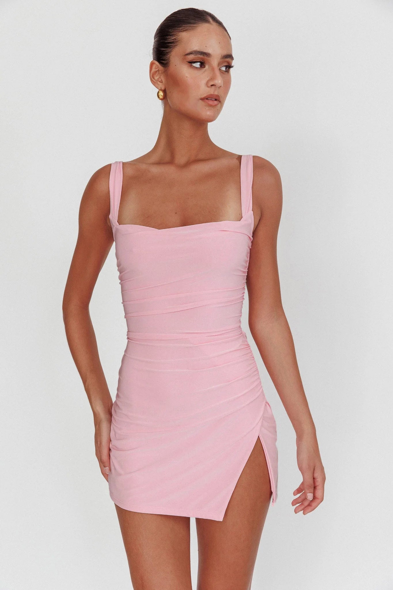 Chic Bodycon Square Neck Sleeveless Ruched Slit Baby Pink Mini Homecoming Dress