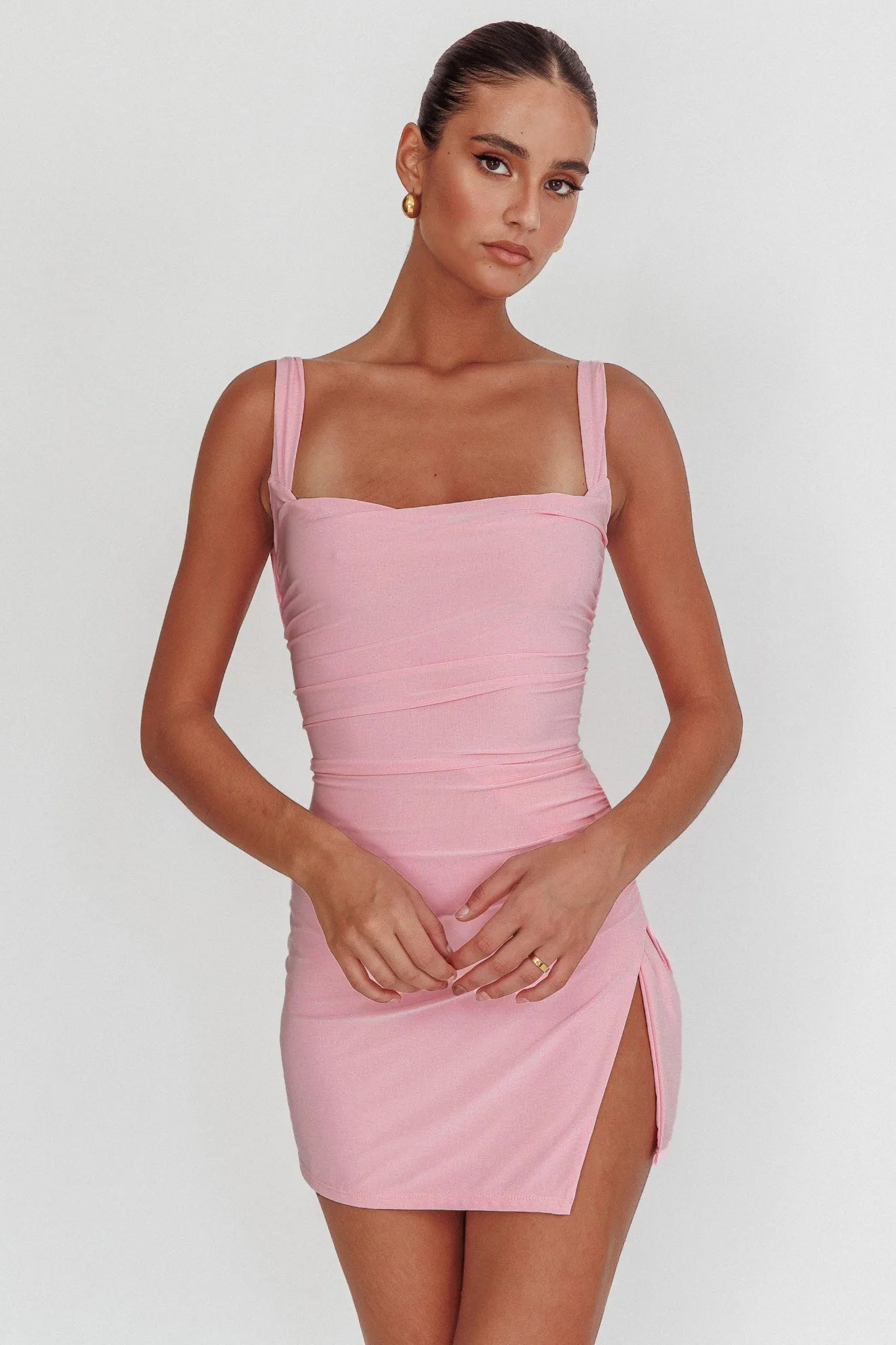 Chic Bodycon Square Neck Sleeveless Ruched Slit Baby Pink Mini Homecoming Dress