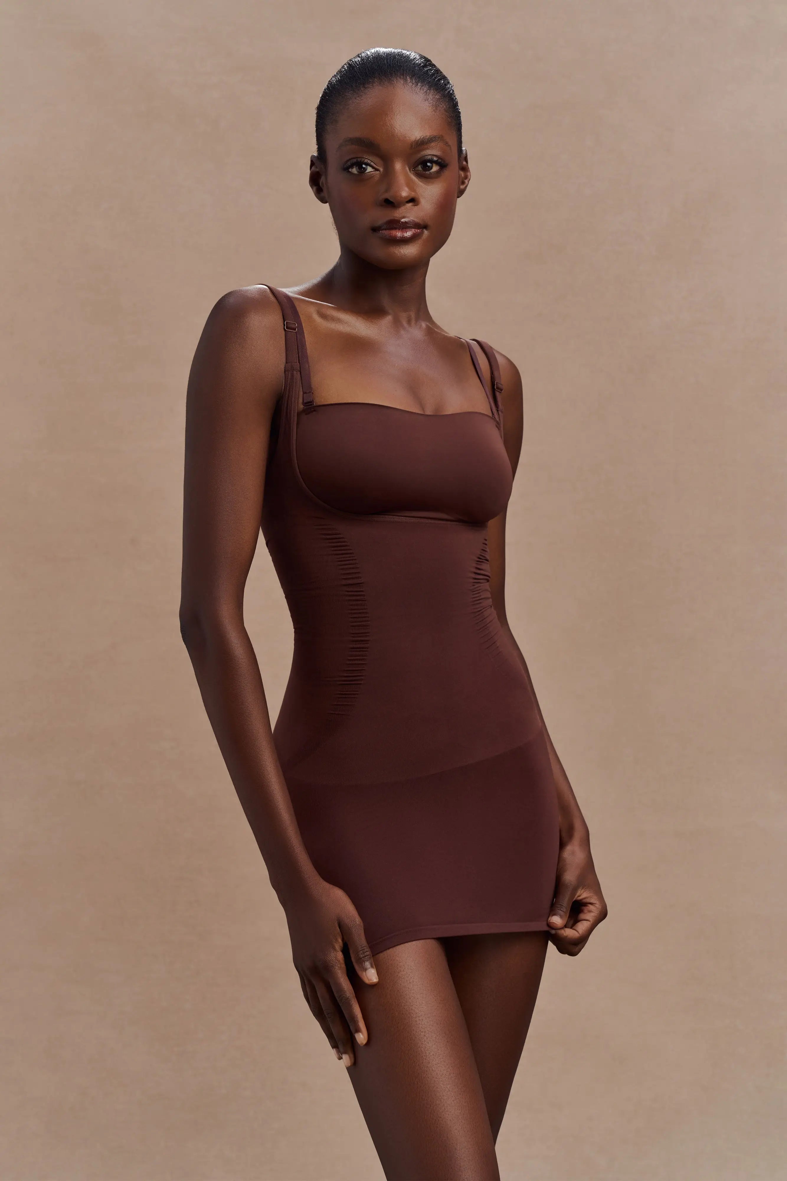 Chic Bodycon Square Neck Sleeveless Shaping Brown Mini Homecoming Dress Women's