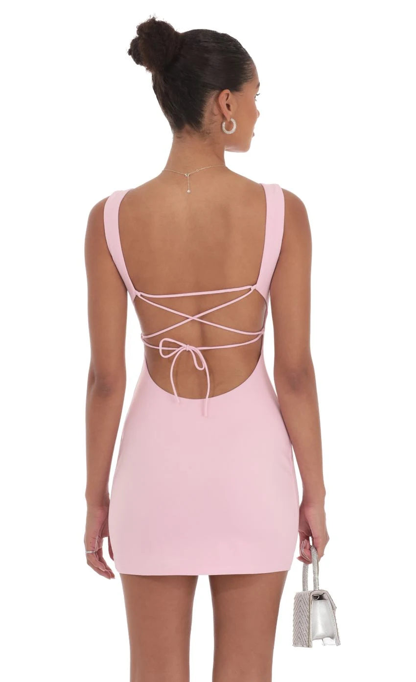 Chic Bodycon Square Neck Sleeveless Strappy Pink Mini Homecoming Dress Women's