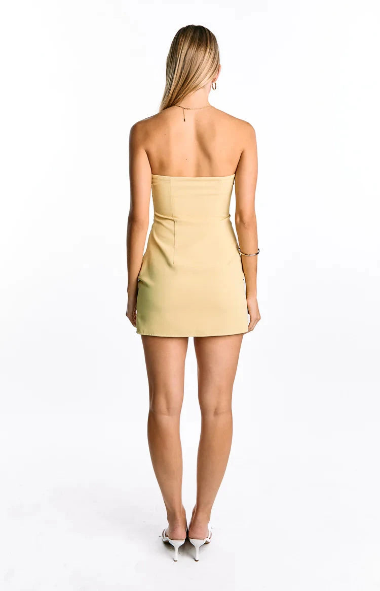 Chic Bodycon Strapless Sleeveless Party Pale Yellow Mini Homecoming Dress Women
