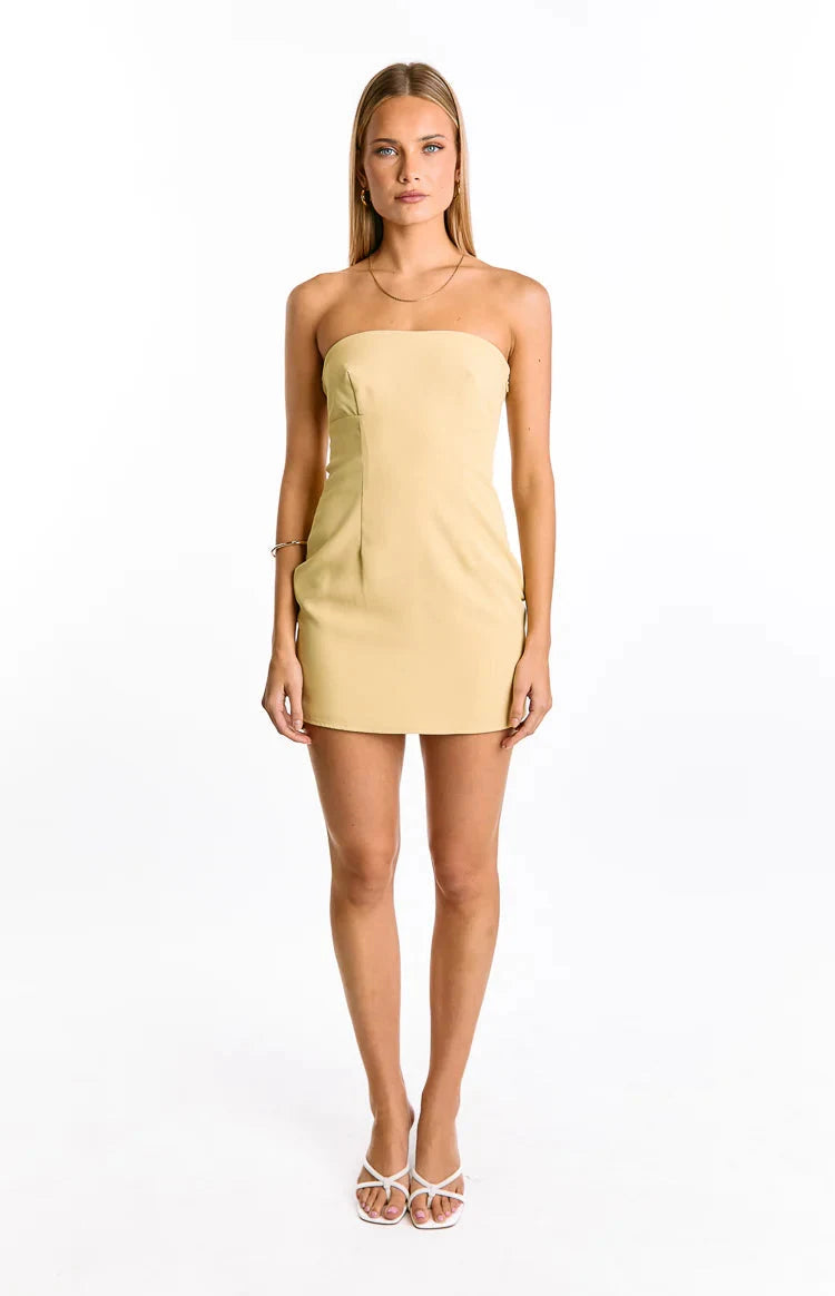 Chic Bodycon Strapless Sleeveless Party Pale Yellow Mini Homecoming Dress Women