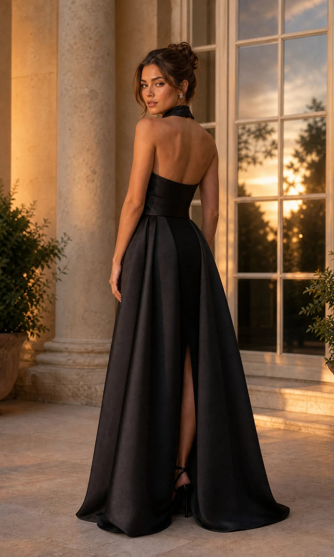 Chic Column Halter Sleeveless Backless Overskirt Black Maxi Prom Dresses Gown