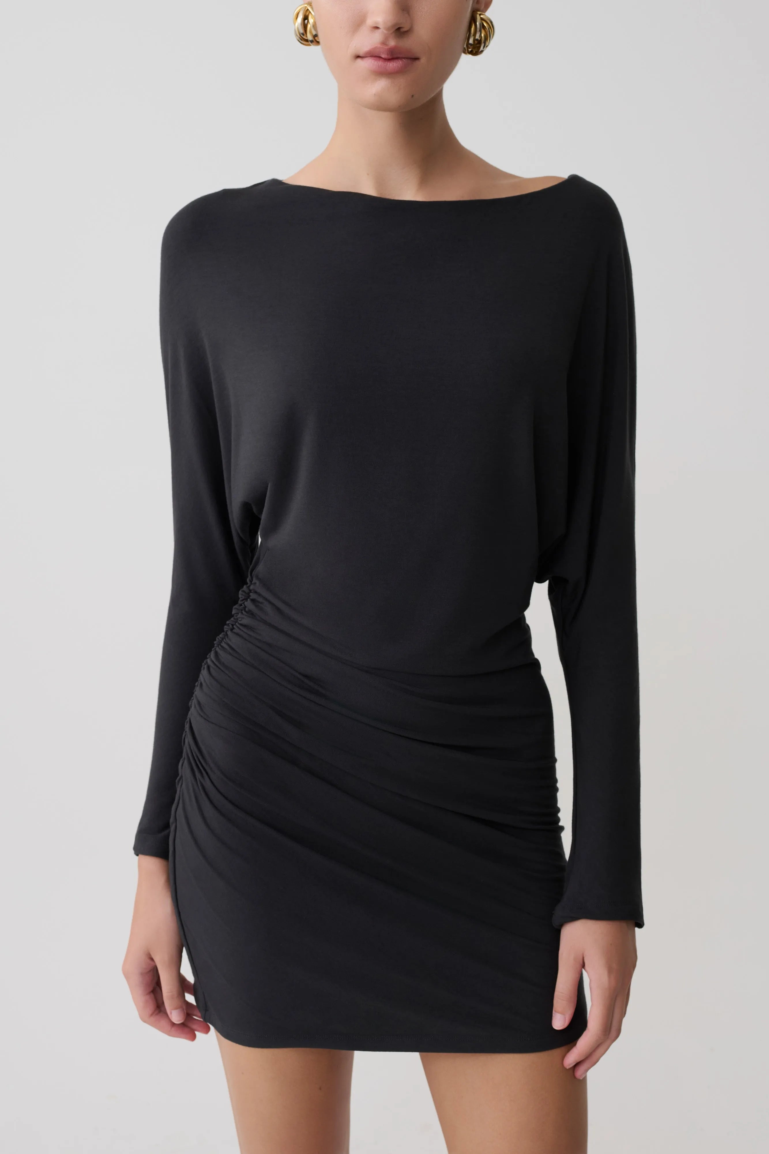 Chic Draped Boat Neck Long Sleeve Black Mini Homecoming Dress