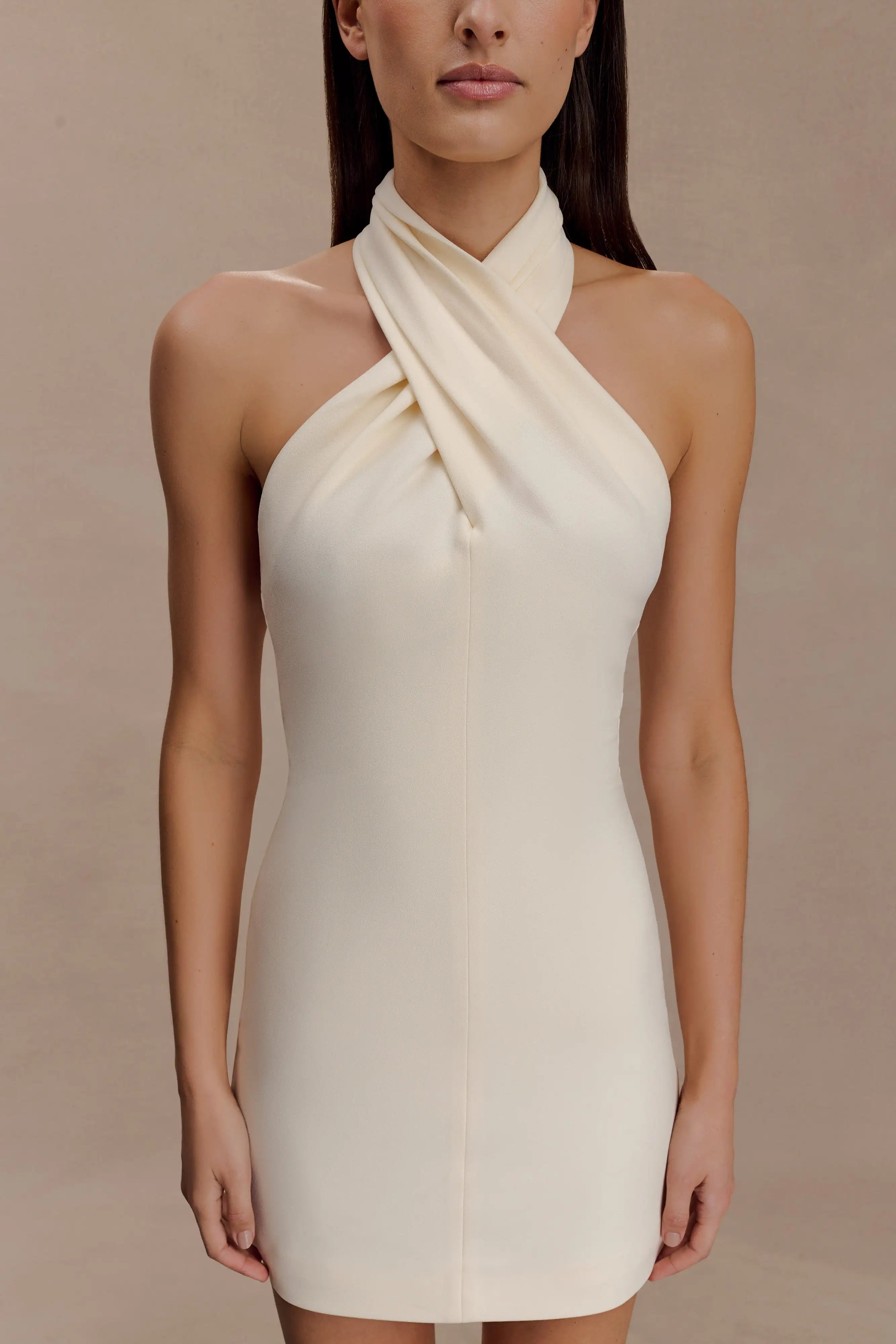 Chic Draped Halter Sleeveless Modern Ivory Mini Homecoming Dress for Women