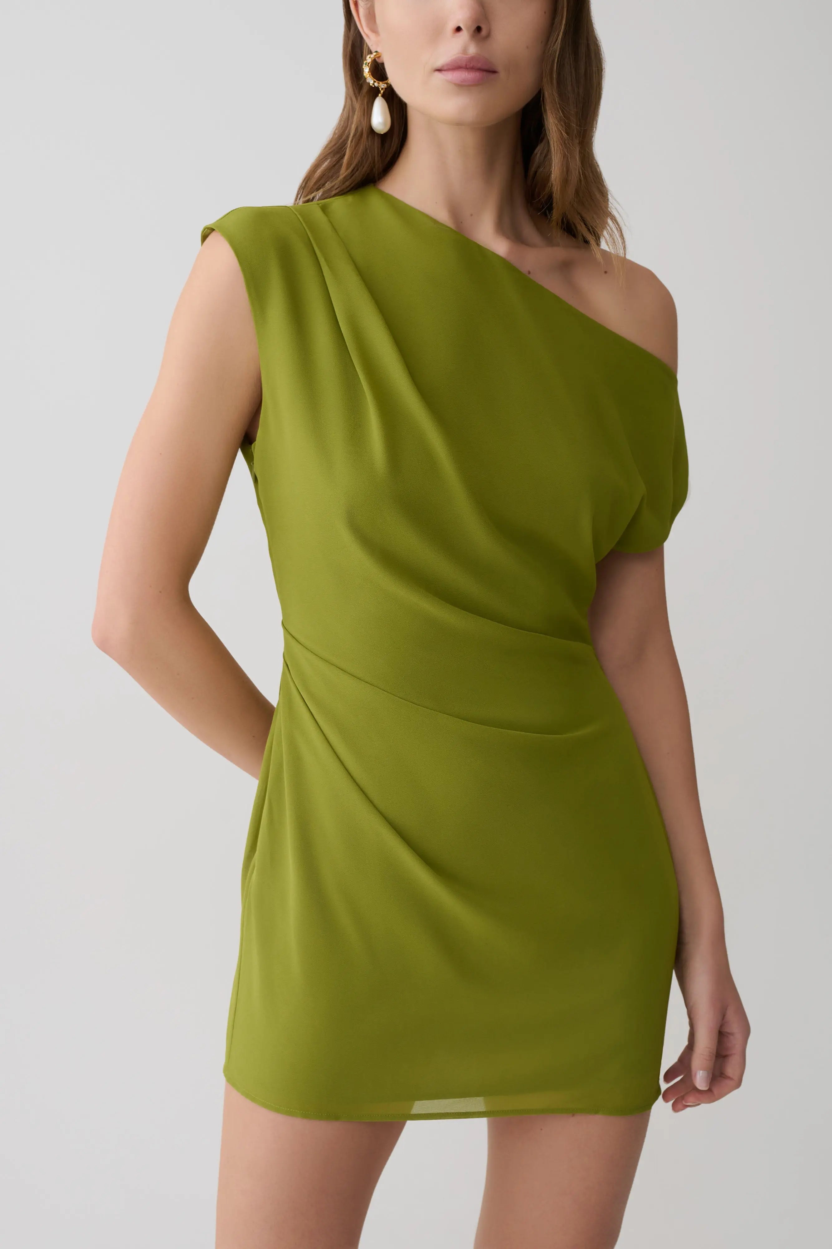 Chic Draped One-Shoulder Olive Green Mini Homecoming Dresses Women's Gown