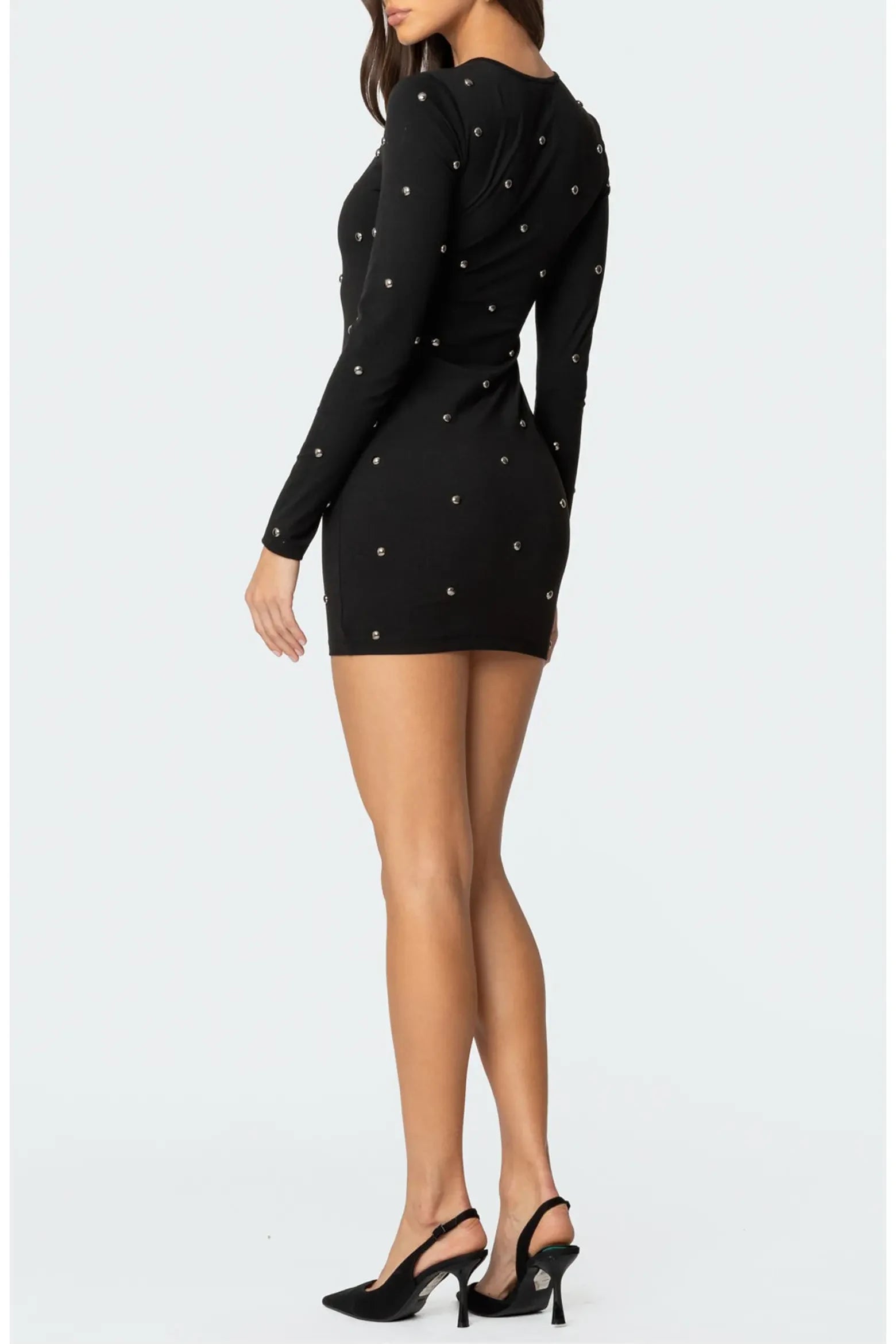 Chic Fitted Crew Neck Long Sleeve Plain Back Mini Studded Homecoming Dresses