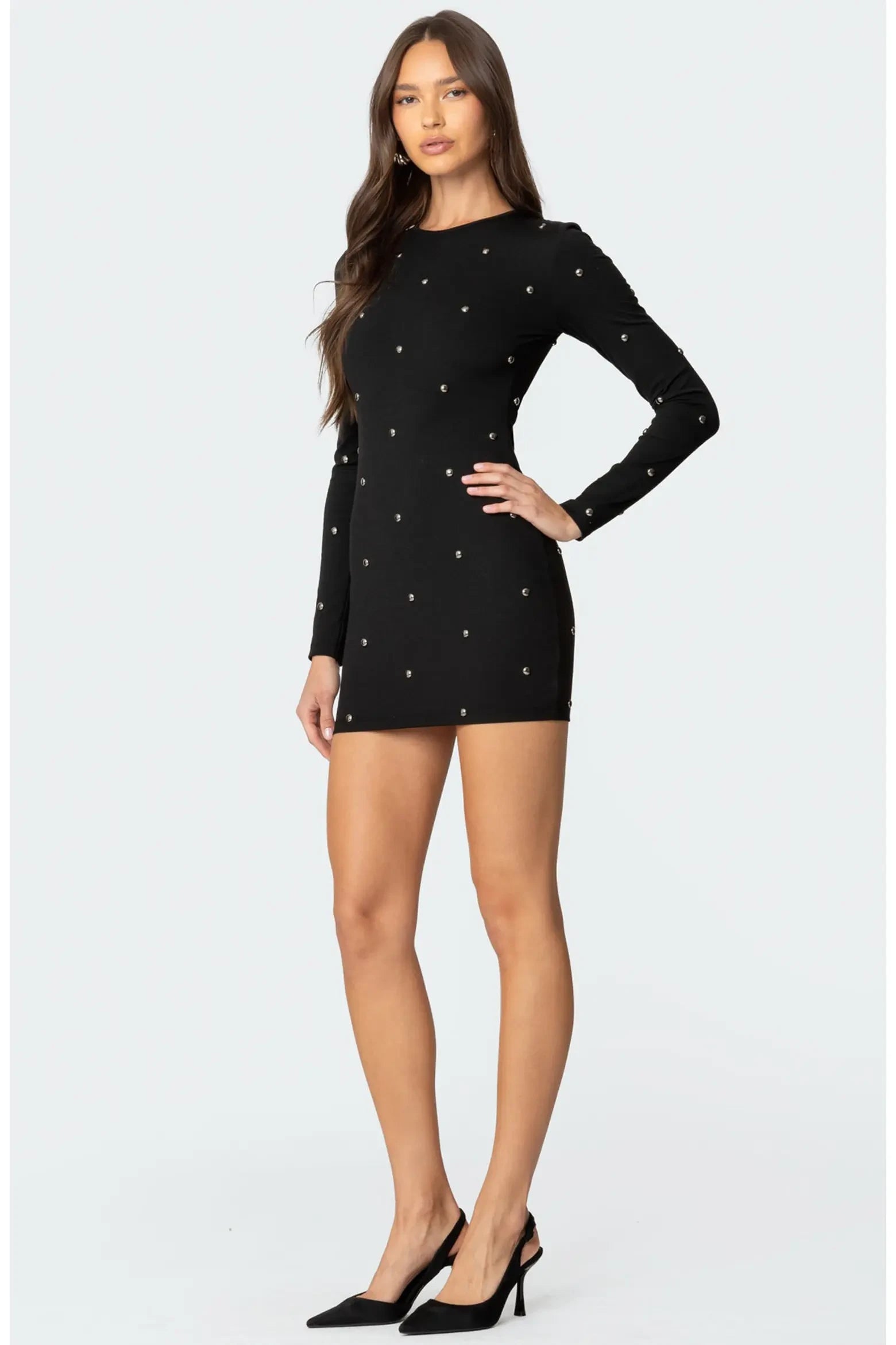 Chic Fitted Crew Neck Long Sleeve Plain Back Mini Studded Homecoming Dresses