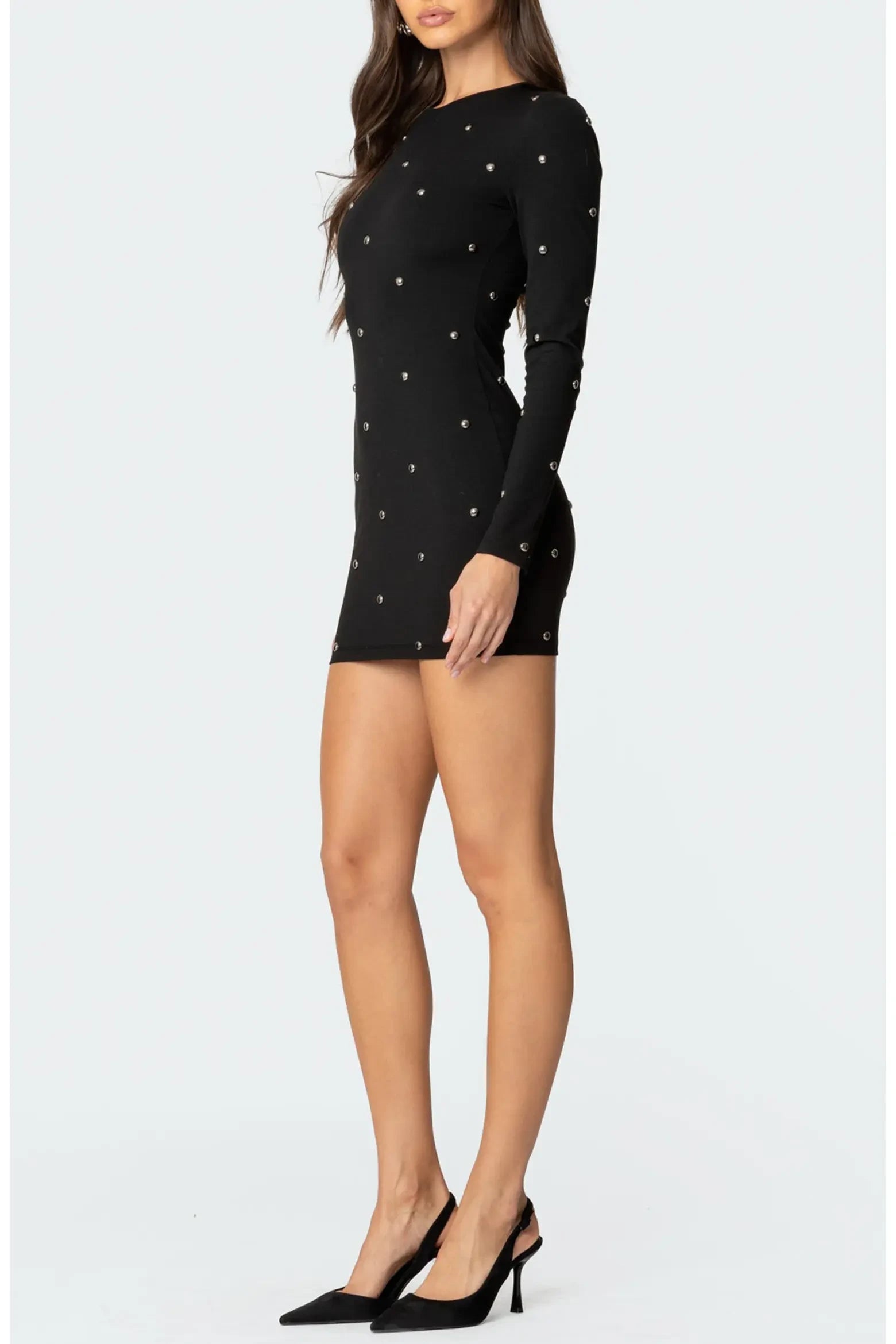 Chic Fitted Crew Neck Long Sleeve Plain Back Mini Studded Homecoming Dresses