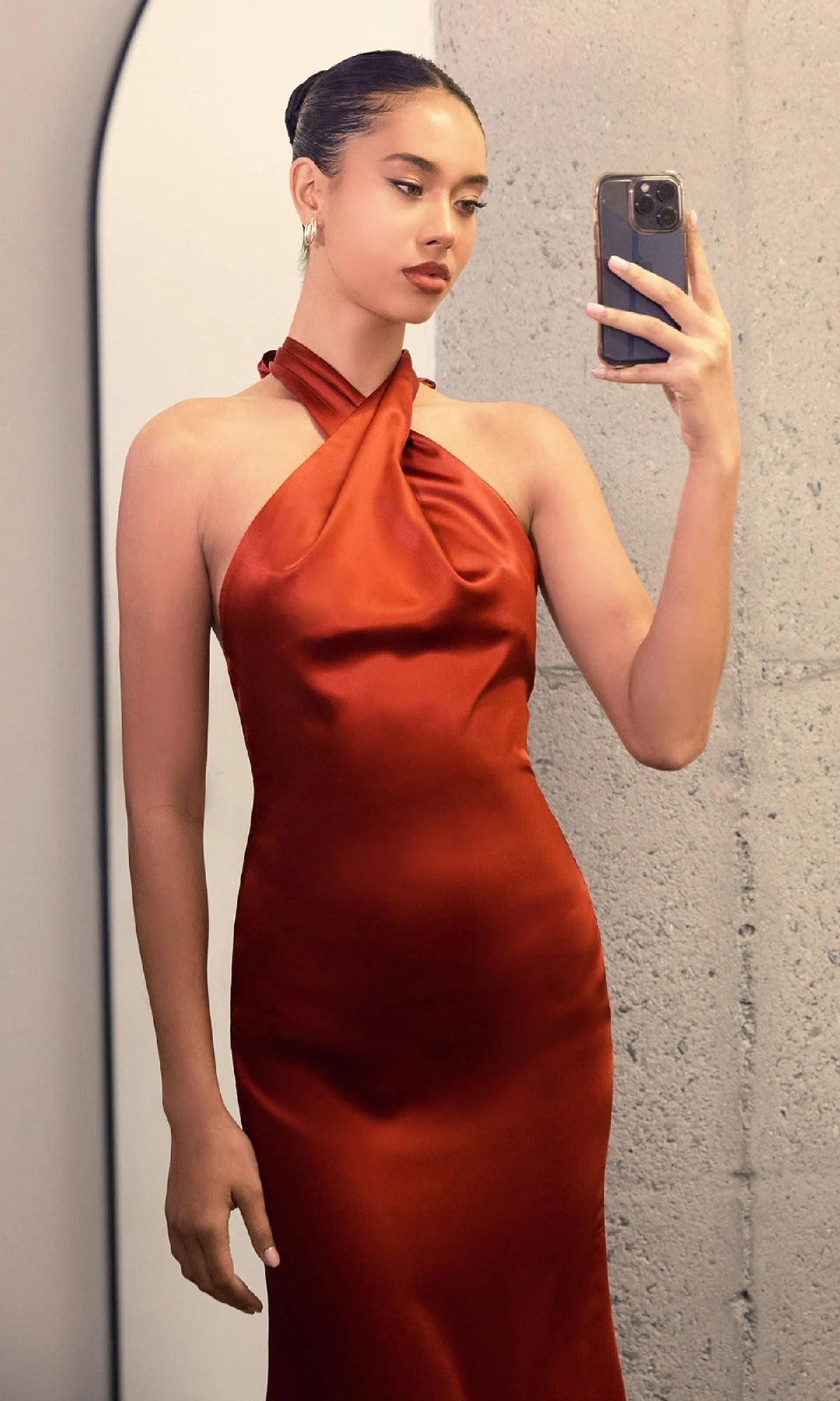 Chic Fitted Halter Sleeveless Backless Tie Rust Maxi Prom Dresses Women