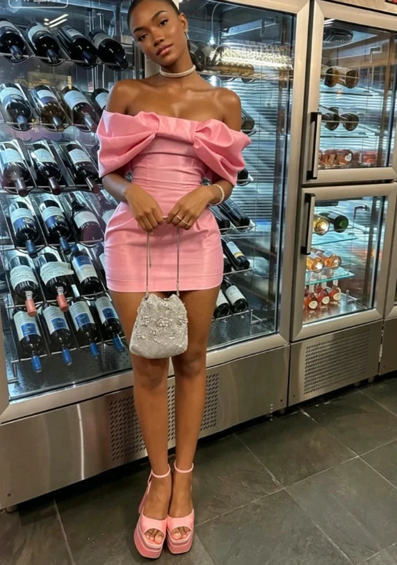 Chic Fitted Mini Off-Shoulder Sweetheart Puffy Bow Sleeves Mini Homecoming Dresses