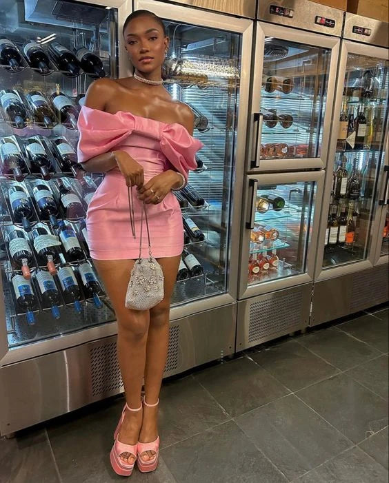 Chic Fitted Off-Shoulder Puffy Sleeves Bow Detail Pink Mini Homecoming Dress