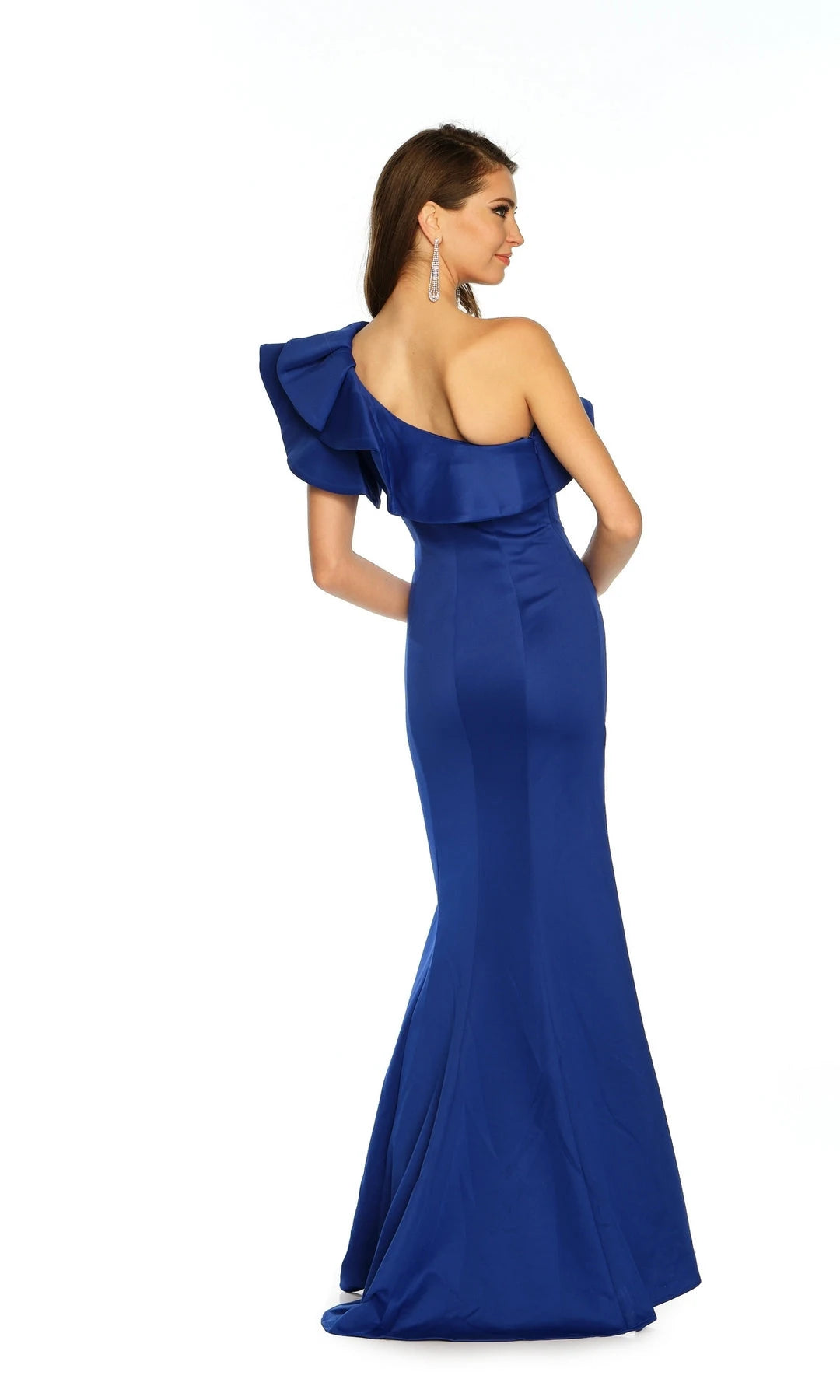 Chic Fitted One-Shoulder Sleeveless Ruffled Slit Blue Long Prom Dresses Women