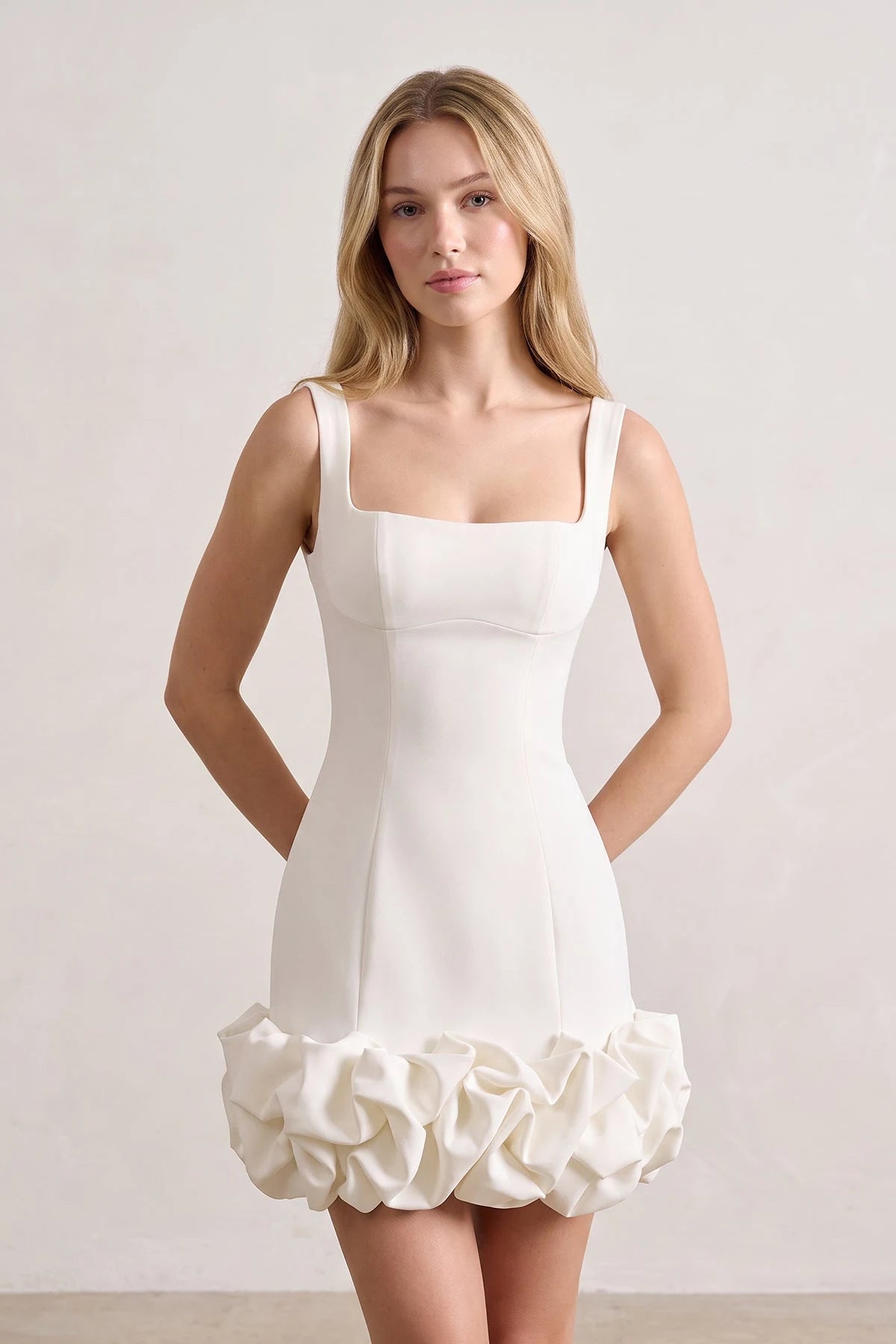 Chic Fitted Square Neck Sleeveless Ruffled White Mini Homecoming Dress for Women