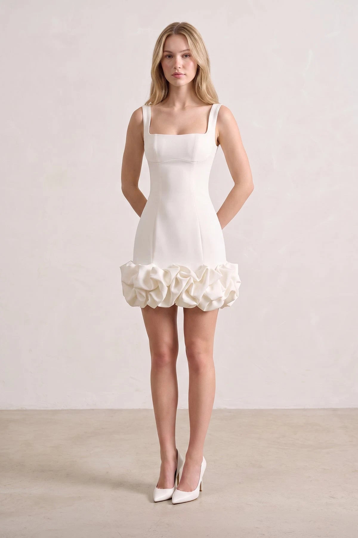 Chic Fitted Square Neck Sleeveless Ruffled White Mini Homecoming Dress for Women