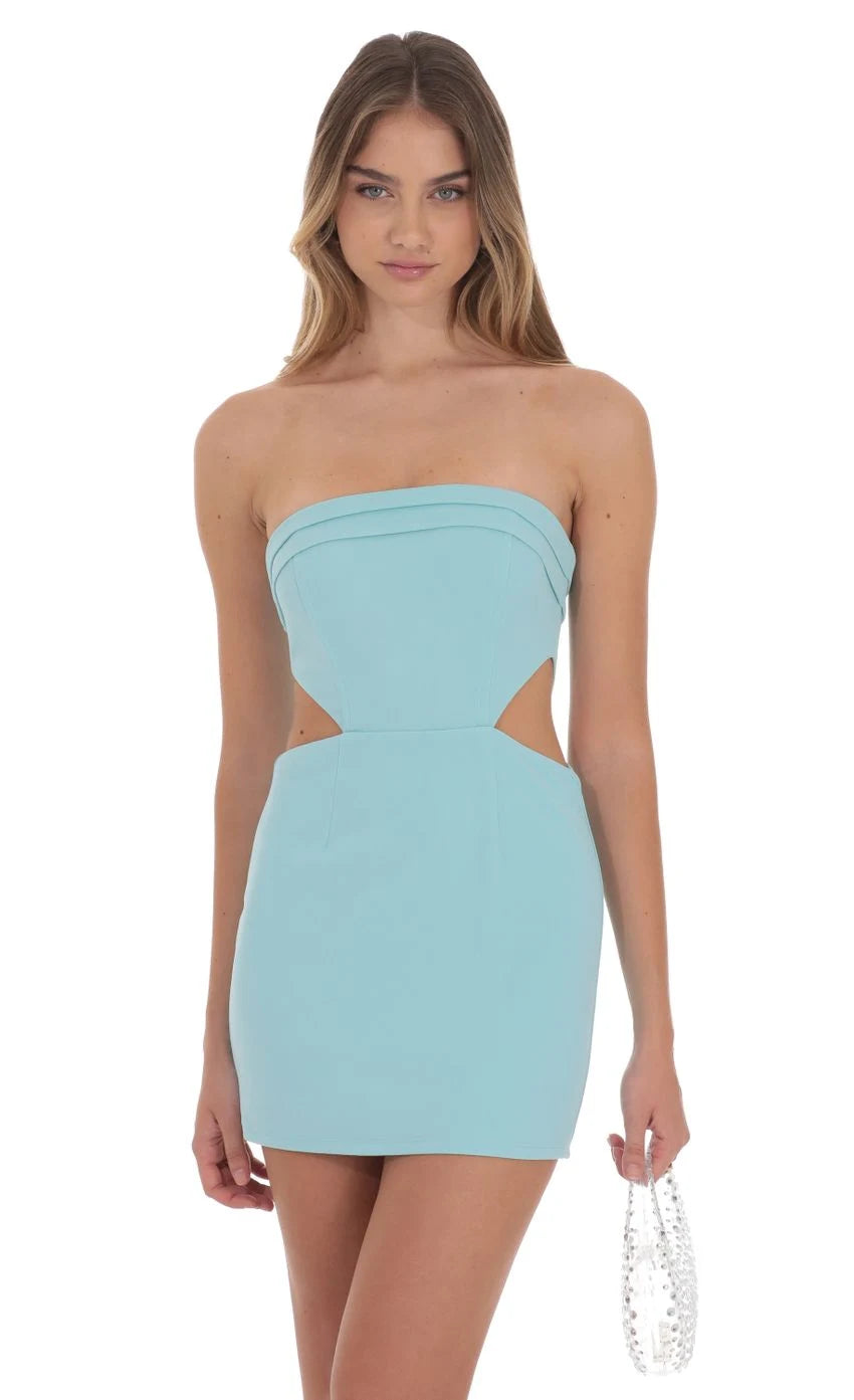 Chic Fitted Strapless Sleeveless Cutout Pleated Aqua Mini Homecoming Dress Women's Party