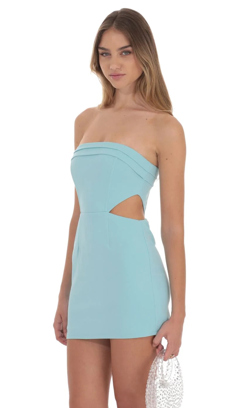 Chic Fitted Strapless Sleeveless Cutout Pleated Aqua Mini Homecoming Dress Women's Party